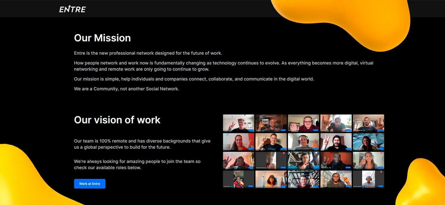 Screenshot from Entre's website, a Web3 company.