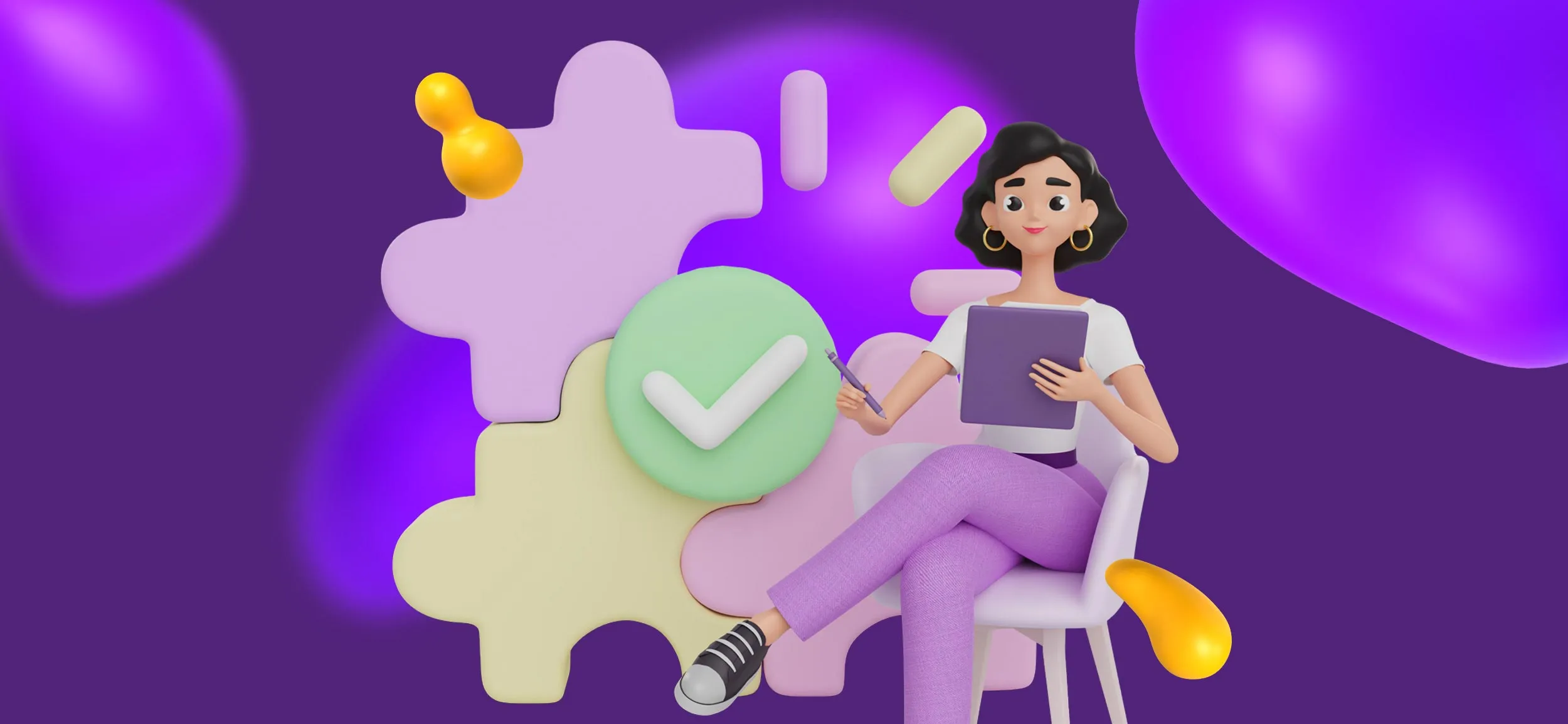A Creative Director sits in a chair, studying a clipboard. Next to her are interlocking puzzle pieces, signifying that she is maintaining a cohesive environment.