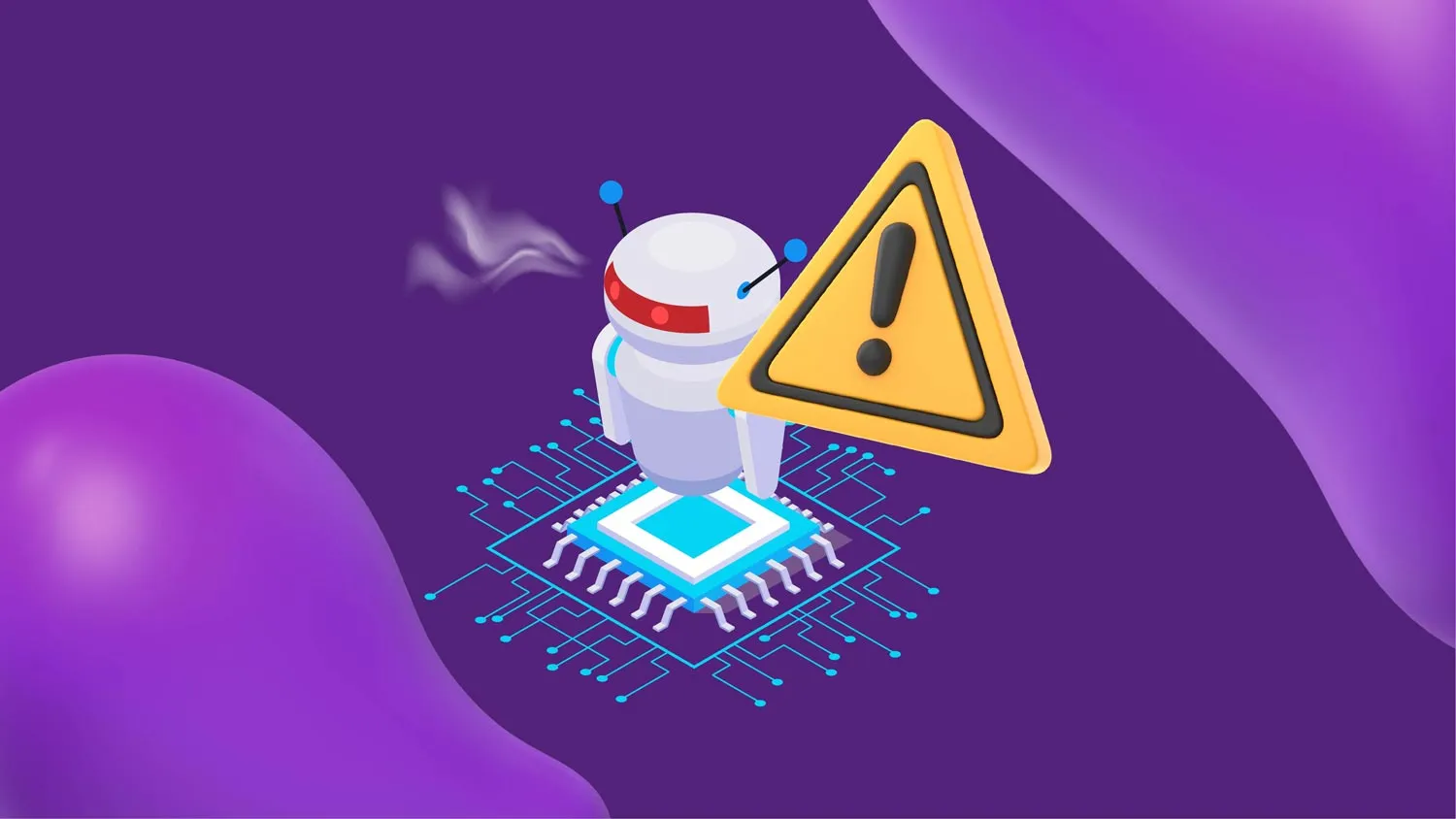 Robot hovering over a computer chip with a warning sign next to it.