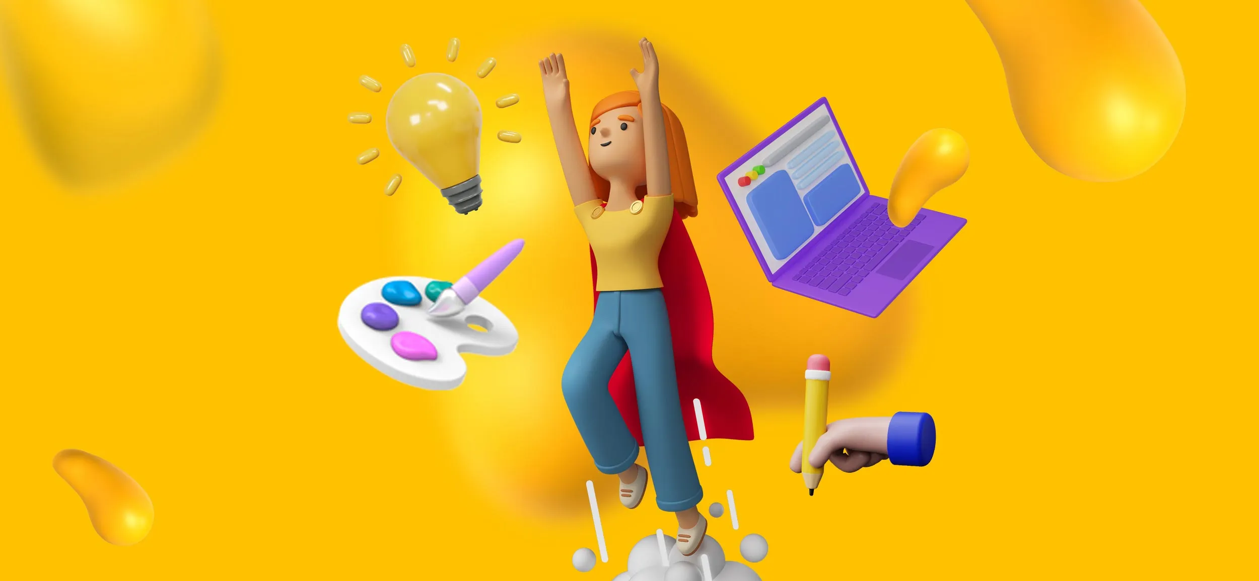 A designer wearing a cape. She is surrounded by elements of graphic design, like a lightbulb for bright ideas, a laptop, and a color palette.