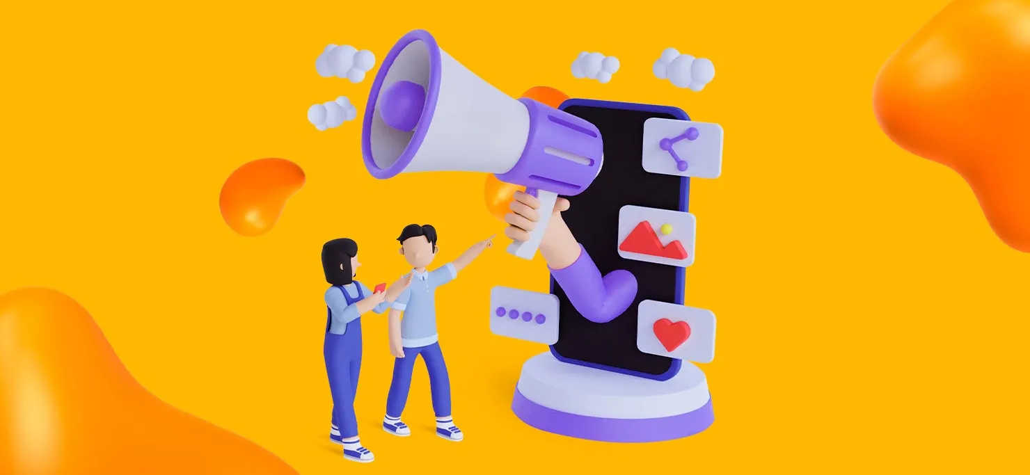 A megaphone popping out of a smartphone, while two people point.
