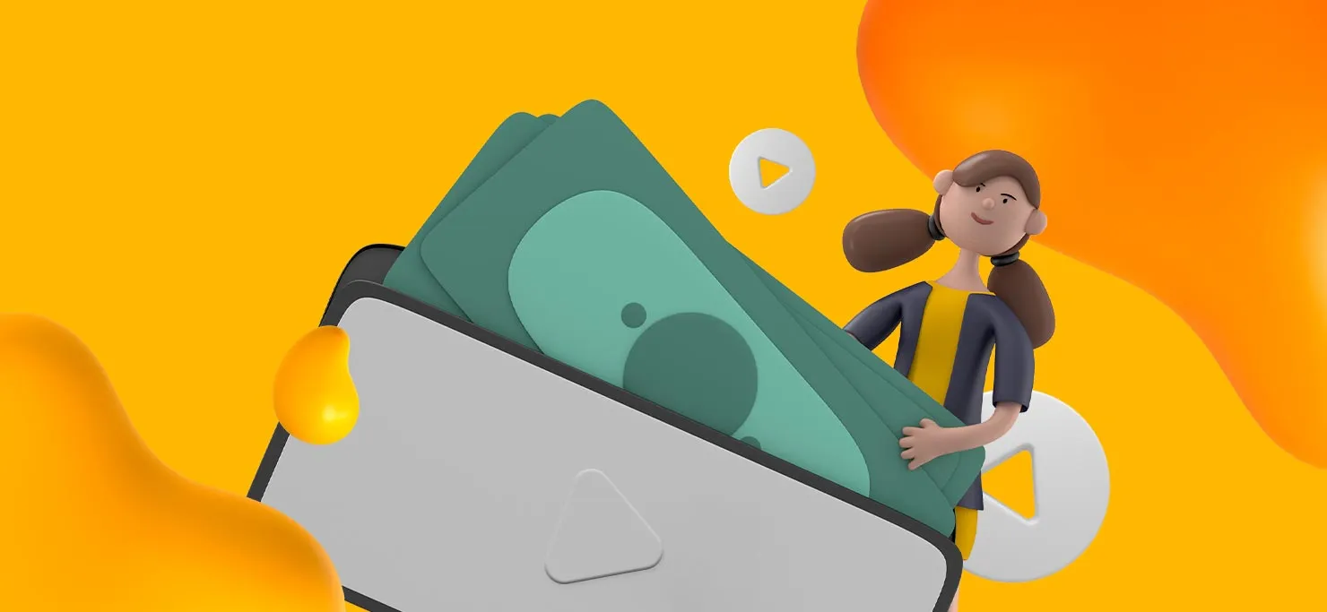 A woman holds a giant wallet full of bills.
