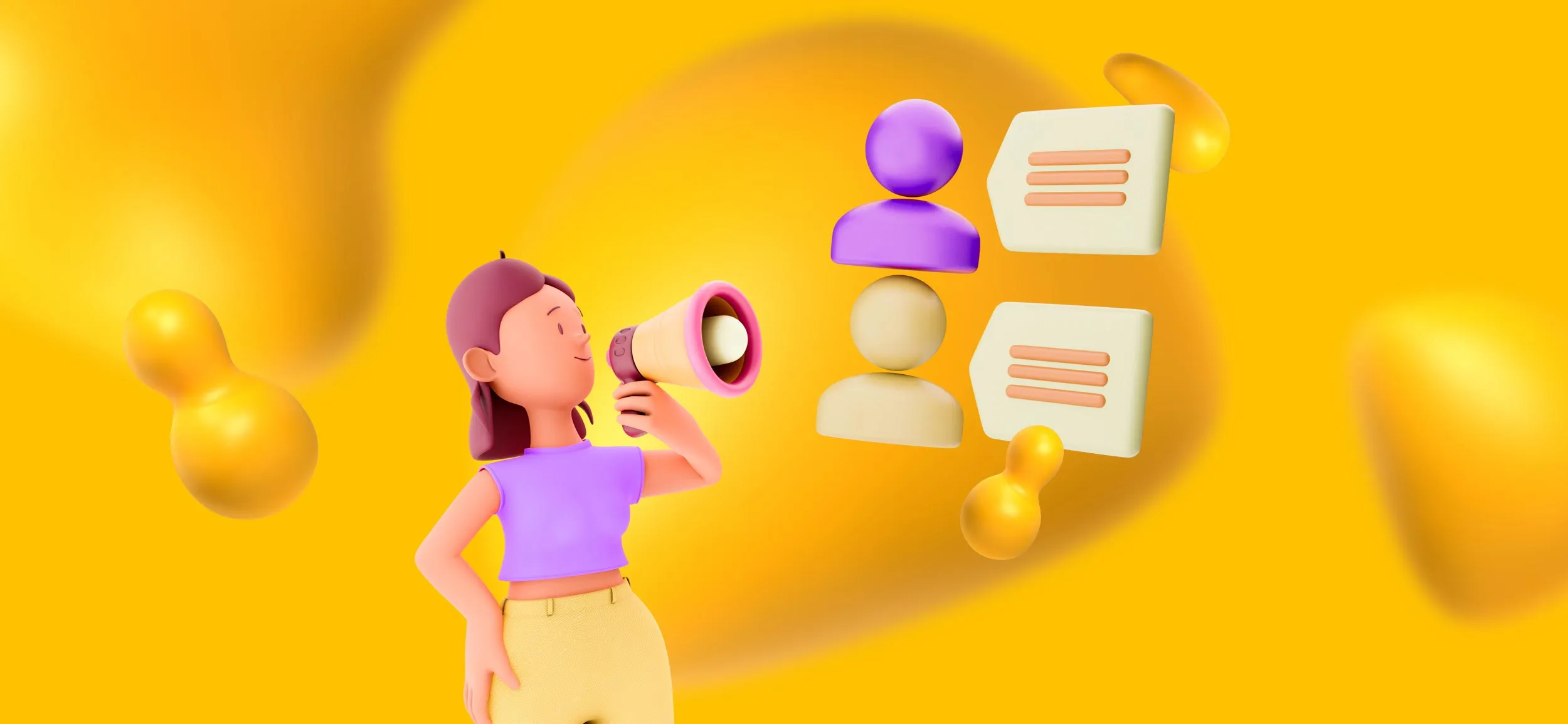 A marketer with a bullhorn in her hand, surrounded by elements from social media comment sections. She is amplifying her brand on social media.
