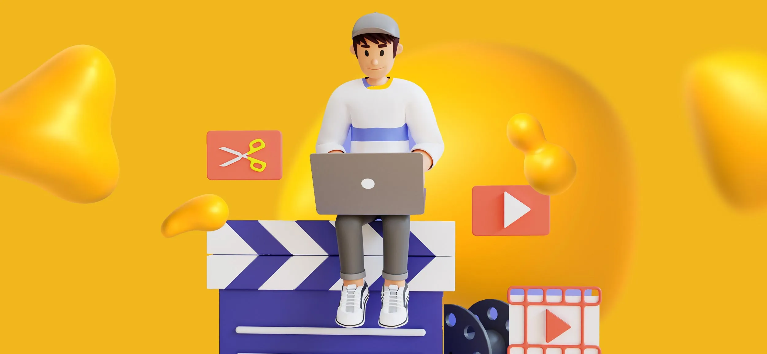 A man works on a laptop while sitting on a giant clapperboard. He is surrounded by floating elements of video editing software.