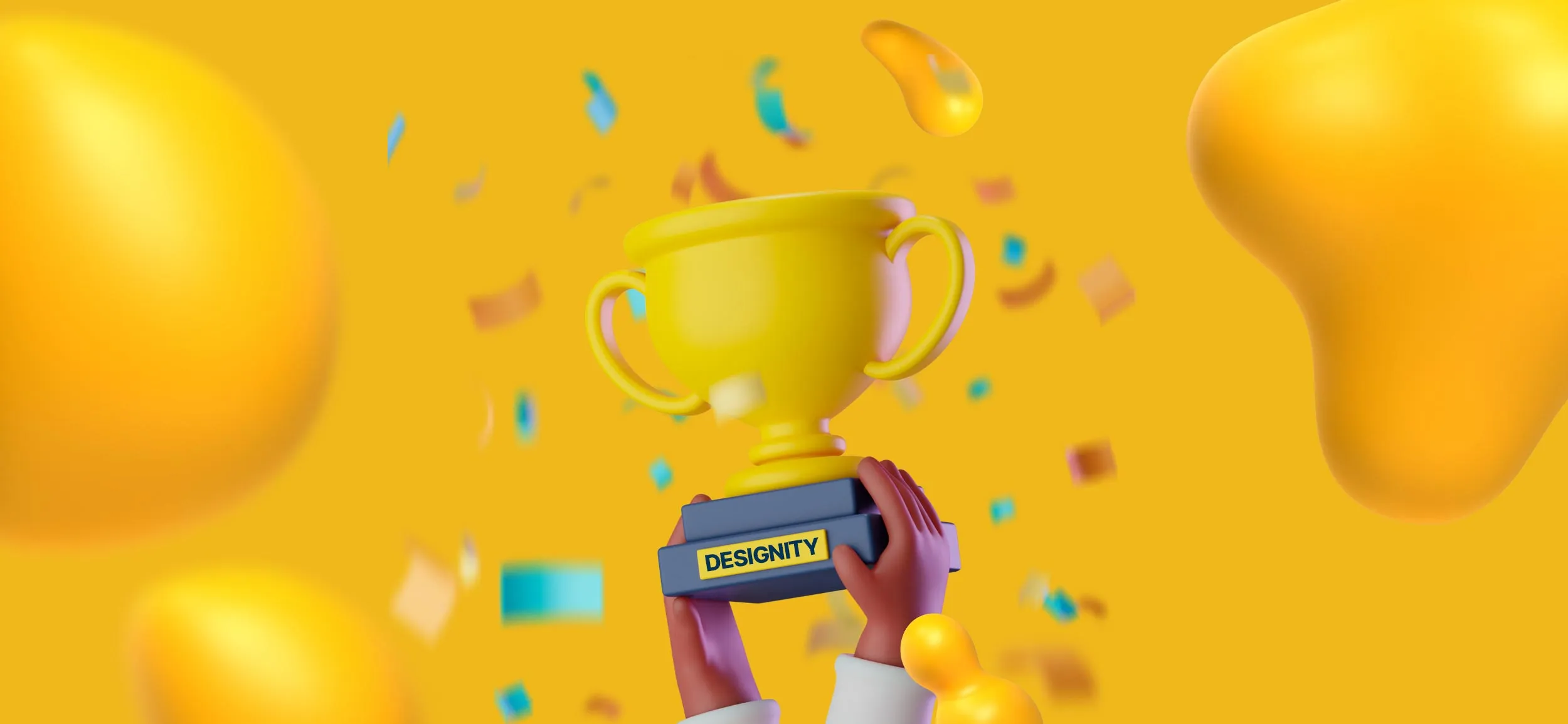 Two hands triumphantly raise a gold trophy in the air in front of celebratory confetti. The trophy has "Designity" embossed on its base.
