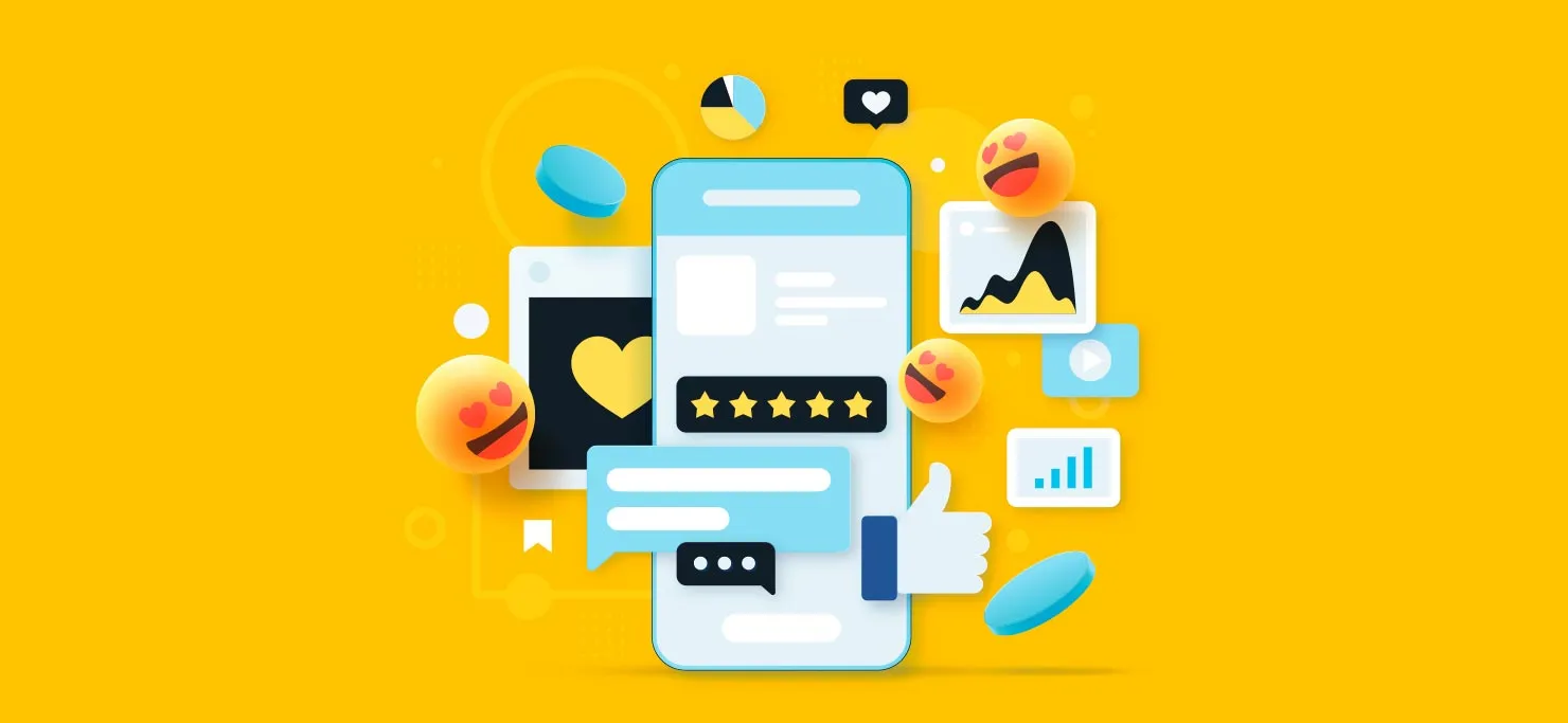 Elements of social media, like emojis, like buttons, reviews, and chat boxes, all popping out of a smartphone.