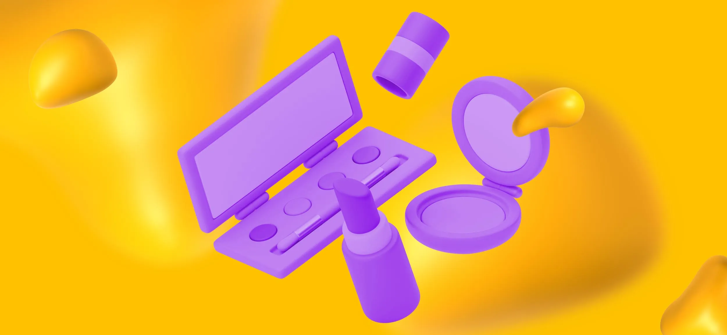 Beauty products like a compact mirror, lipstick, and eyeshadow.