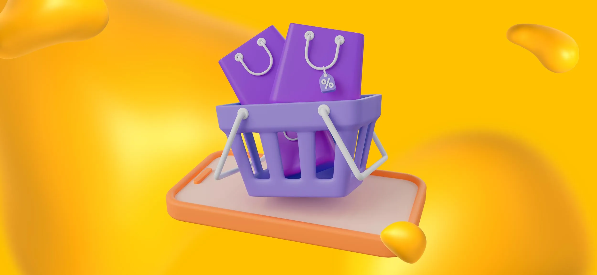 A grocery basket with shopping bags sitting on top of a cellphone to represent ecommerce sites.