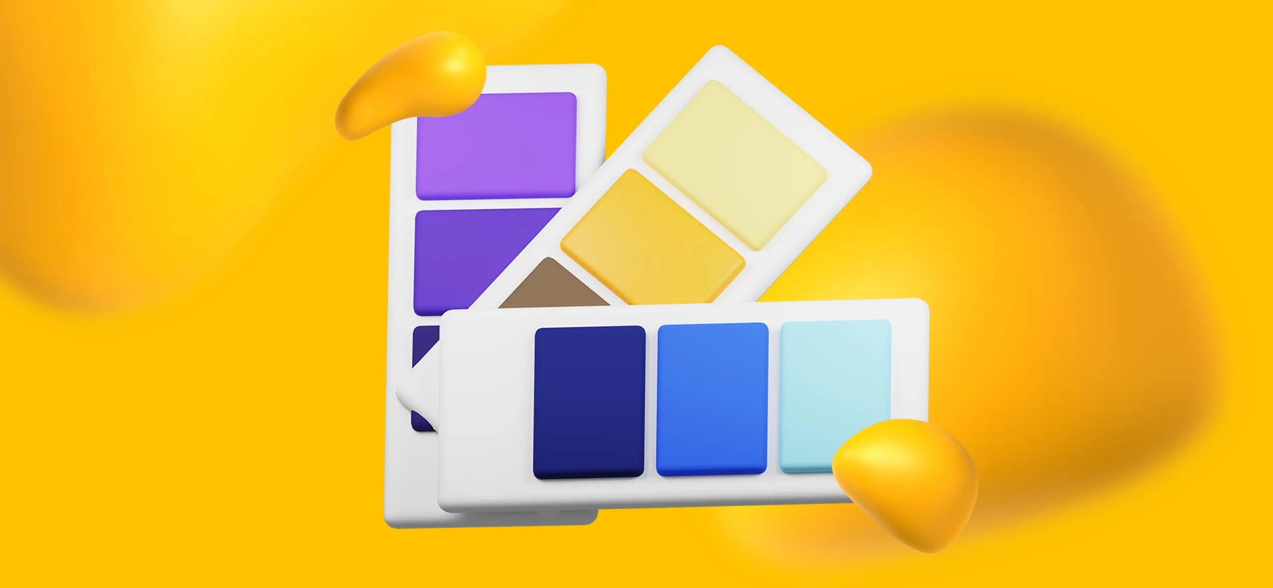 A collection of color swatch cards full of shades of purple, yellow, and blue.