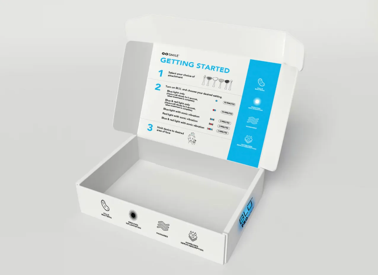 Packaging and label design created for GO SMILE, a dental company.