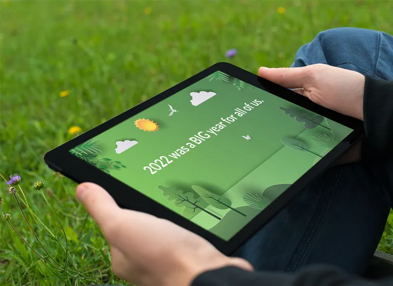 A laptop screen showing a still from a motion graphic video created for RES, a Designity client.