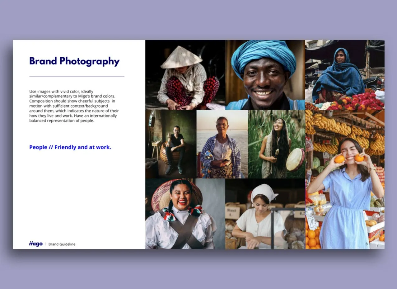 Imagery section of brand guidelines created for Migo, a Designity client.
