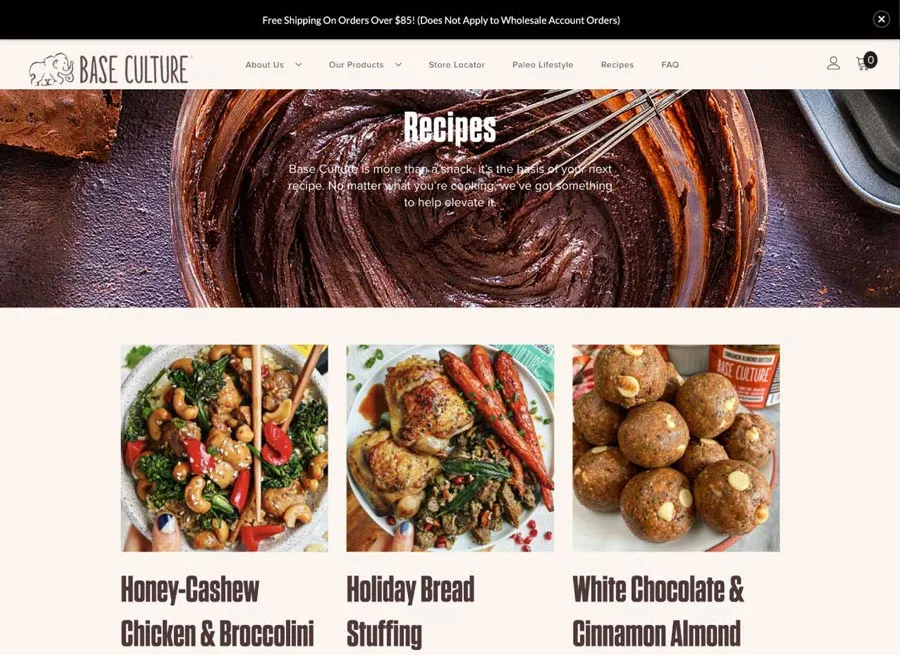 New homepage design created for Base Culture, a nutritional snack company.