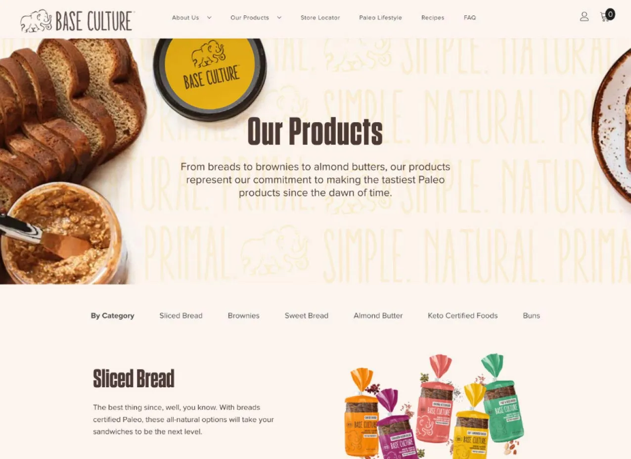 eCommerce web design created for Base Culture, a nutritional snack company.