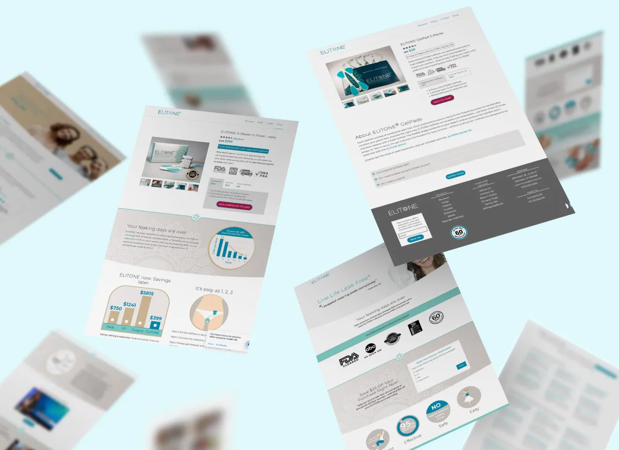 Mockups of multiple eCommerce web pages designed for Elitone, a Designity client.