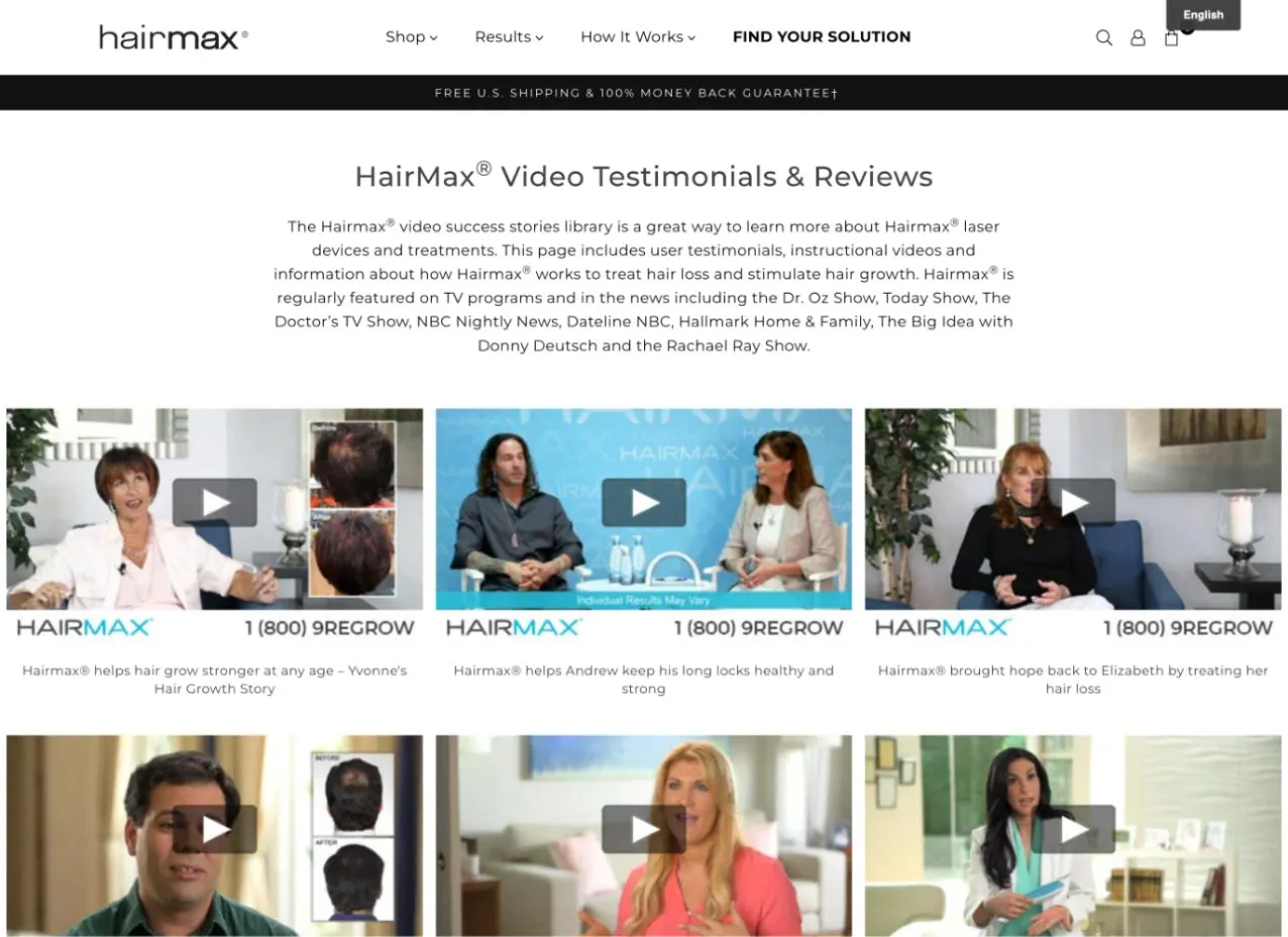 Screenshot from web design created for Hairmax, a Designity client.