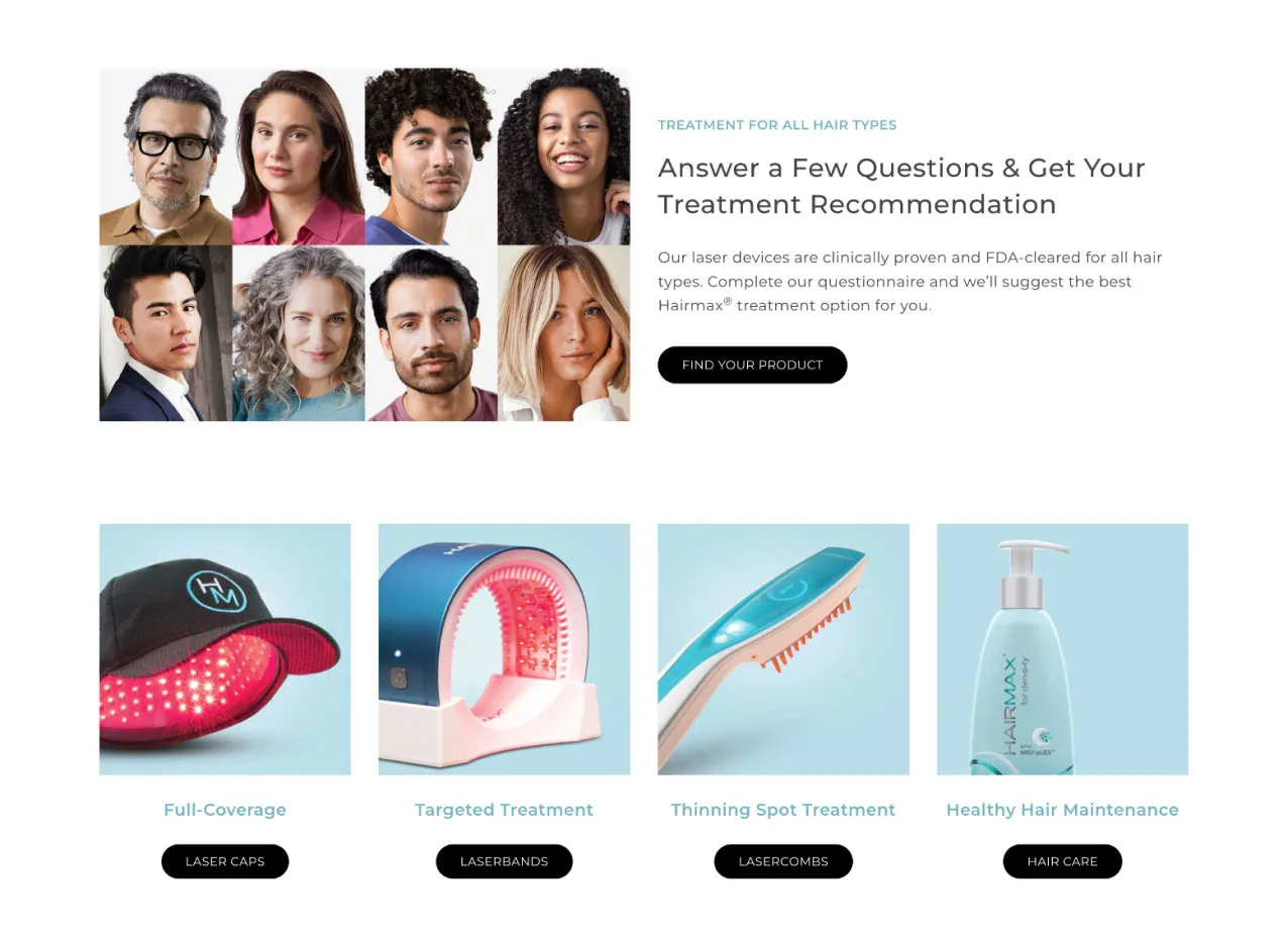 Screenshot from web design created for Hairmax, a Designity client.