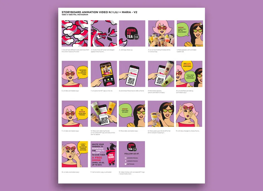 Storyboard from a motion graphic explainer video created for Kung Fu Tea.