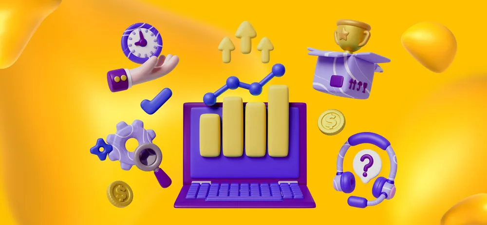 A laptop with a graph on its screen, surrounded by packaging, coins, a headset, and more elements of freelance work.