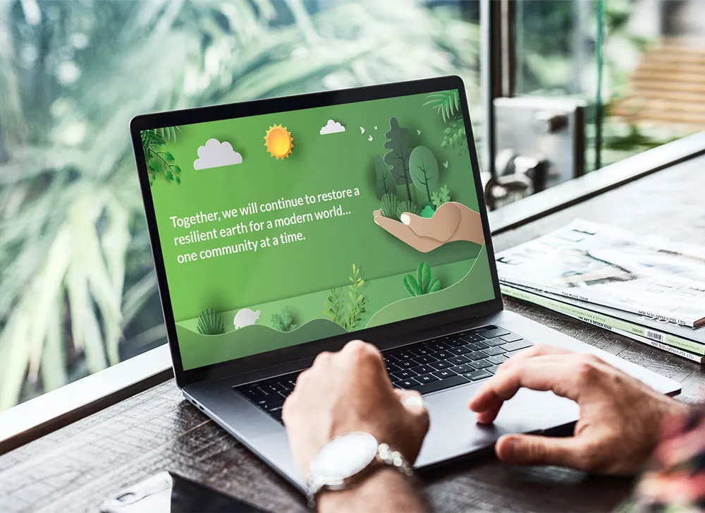 A laptop screen showing a still from a motion graphic video created for RES, a Designity client.