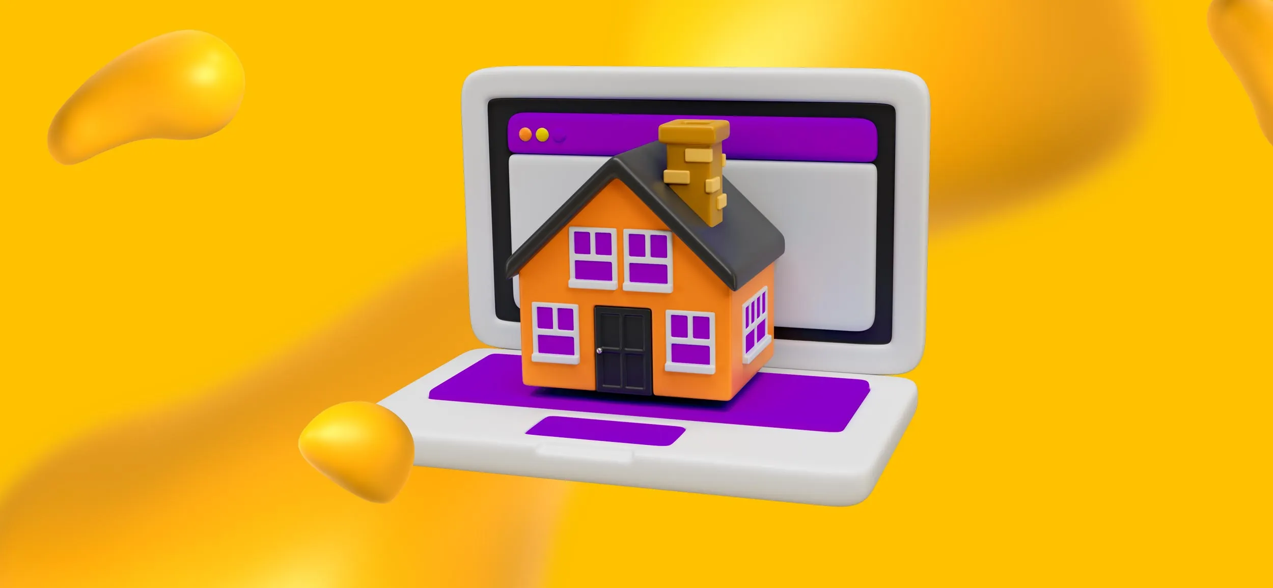 A house popping out of a laptop screen, for real estate-specific social media marketing tools.