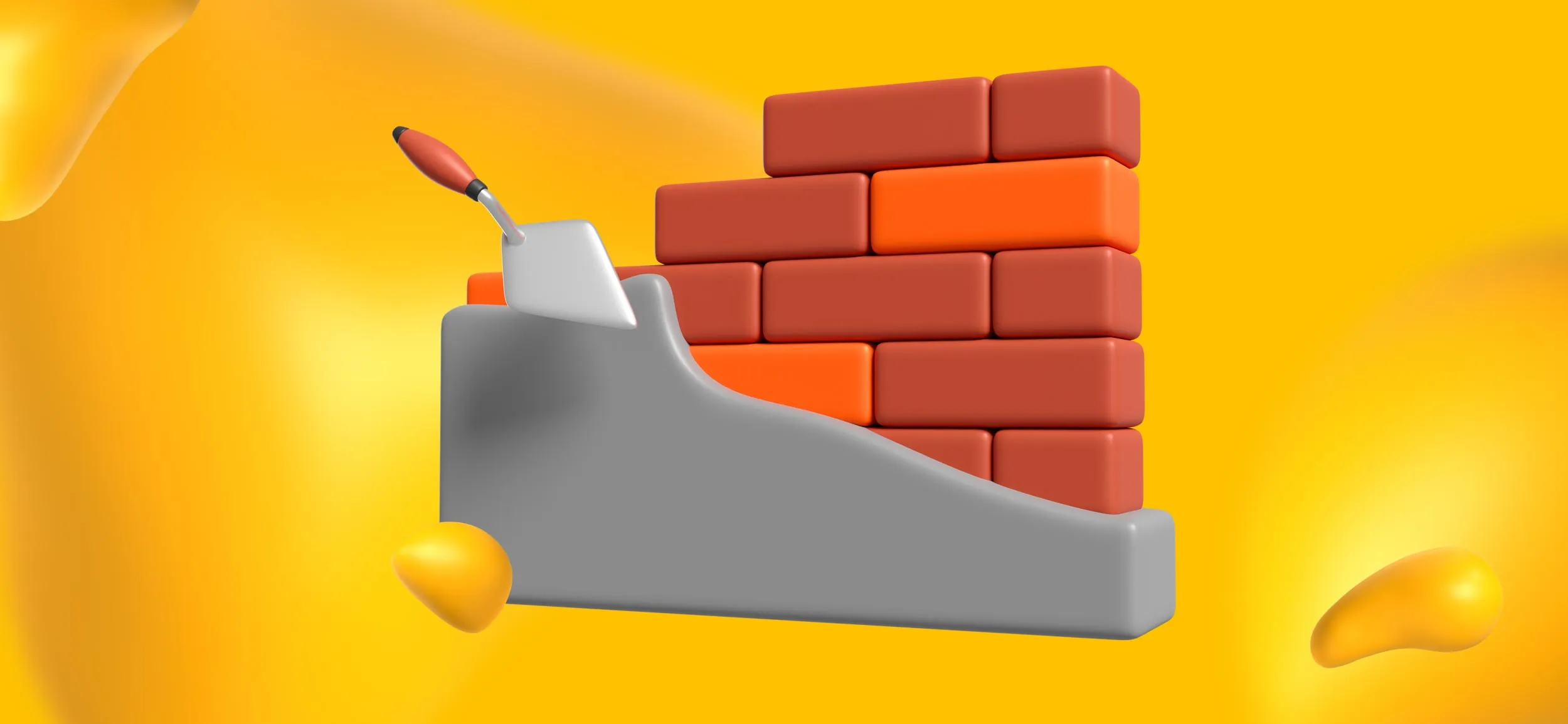 A brick wall with a trowel and wet concrete, for showcasing previous construction projects.