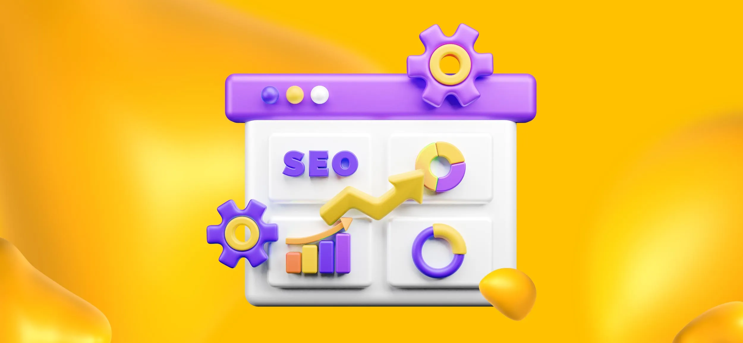 Elements of SEO, like trending arrows, settings, and a webpage.