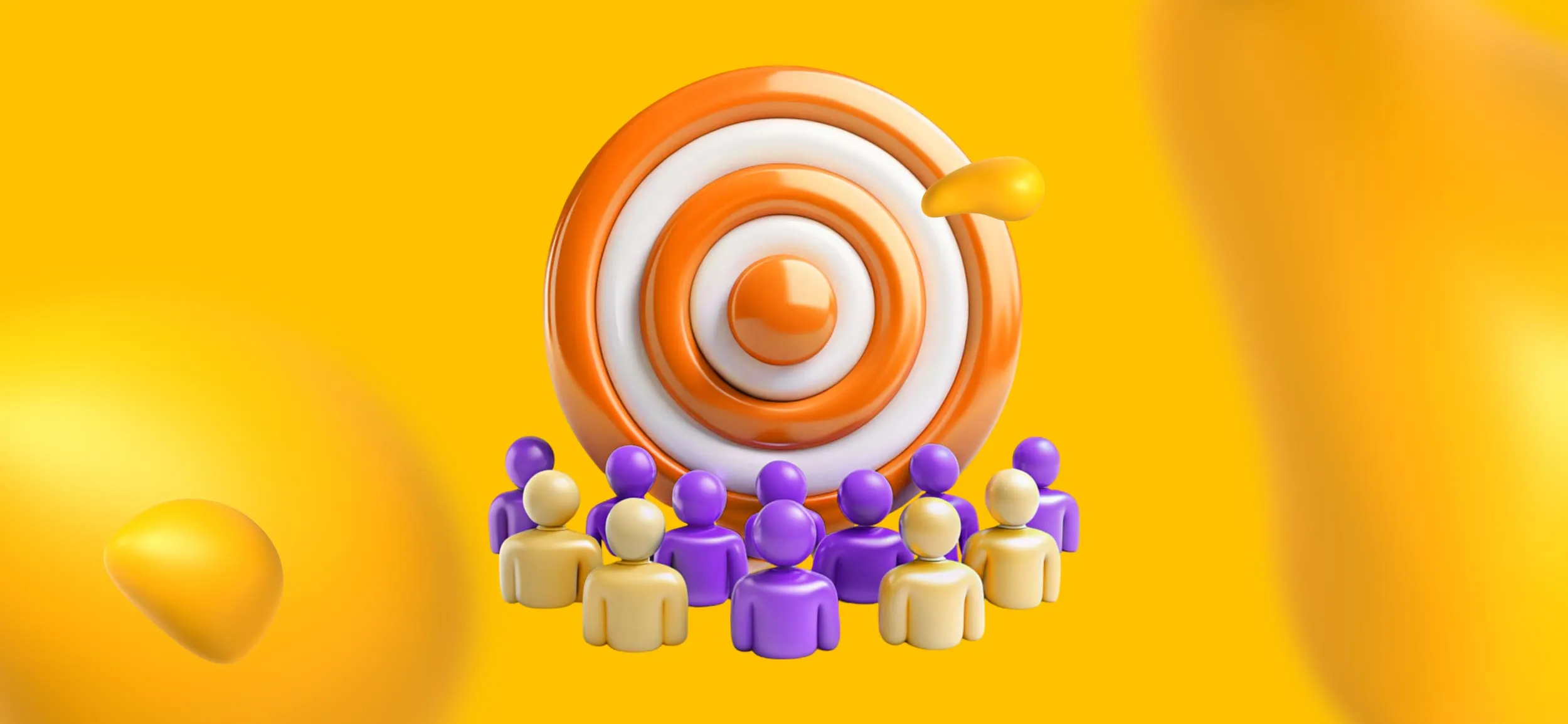 A huge target behind a group of yellow and purple avatars, for understanding your target audience in fashion marketing.