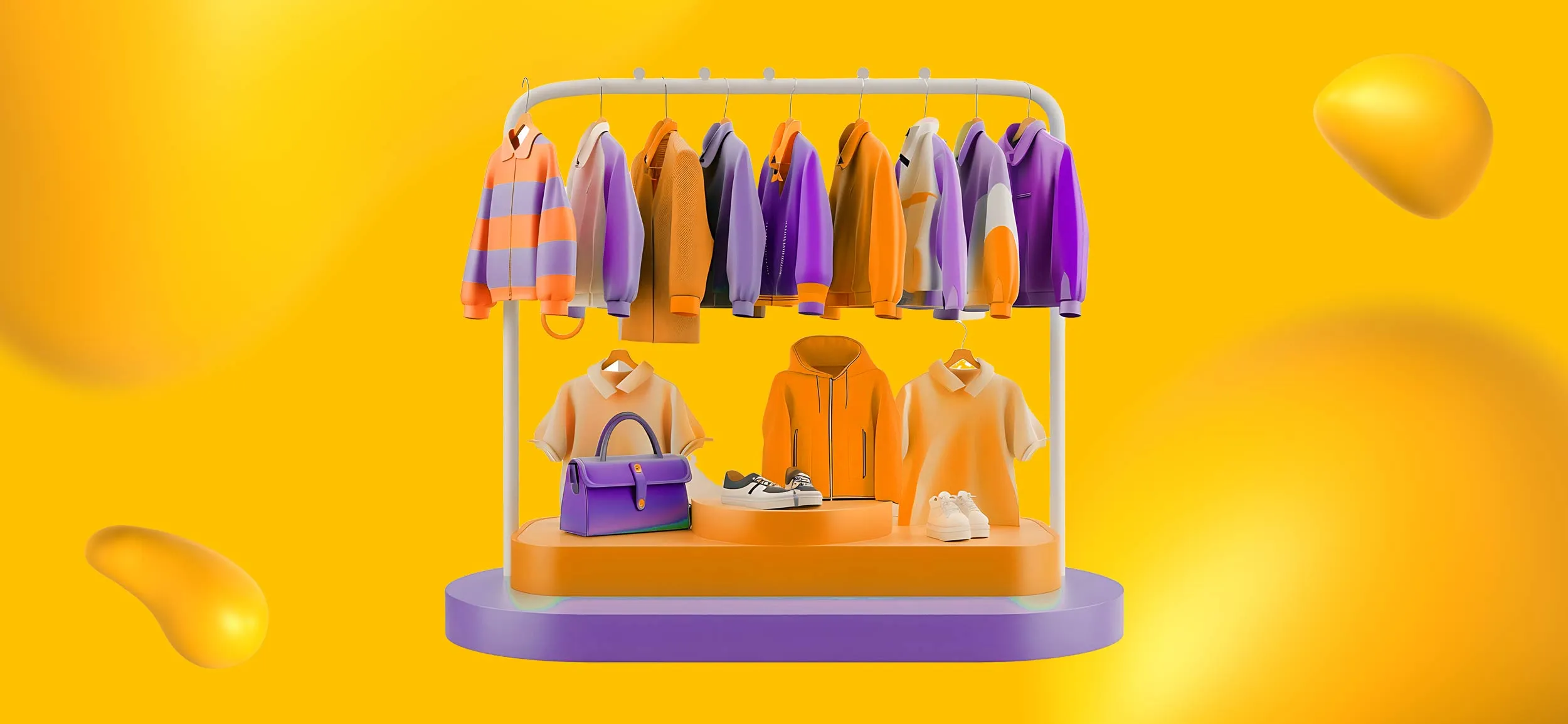 A 3D illustration of jackets on a clothing rack, with accessories like a purse and shoes underneath, for attending fashion events as part of a fasion marketing strategy.