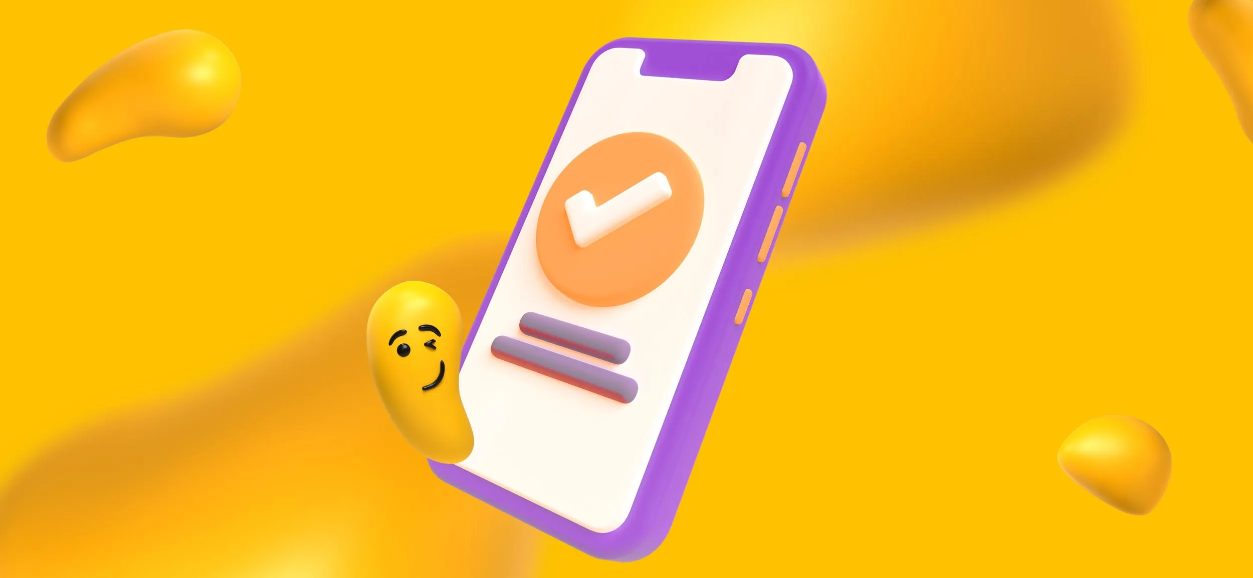 A winking Designity blob next to a smart phone, for prioritize user experience, a top mobile app interface design tip.