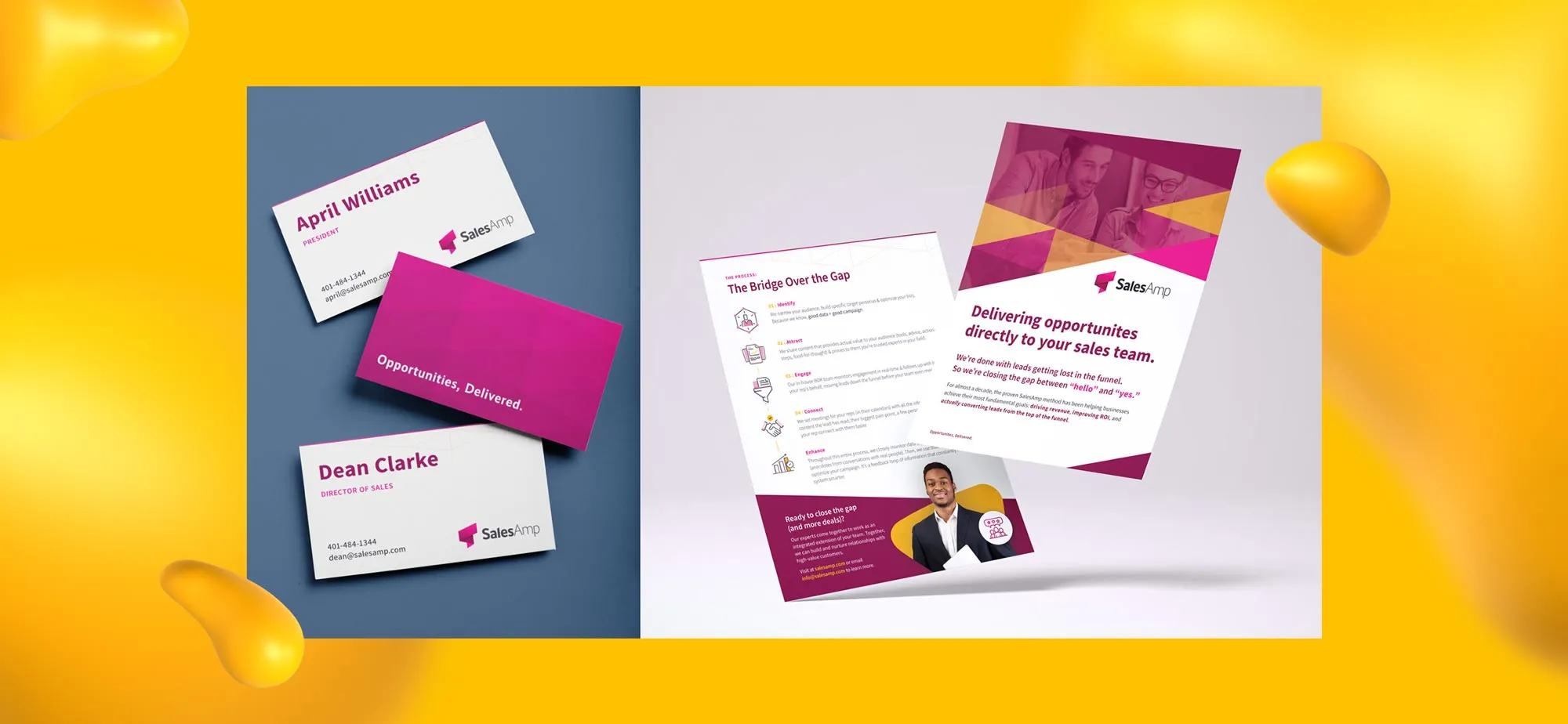 Business card and sell sheet design for SalesAmp, an example of Mike C's work.