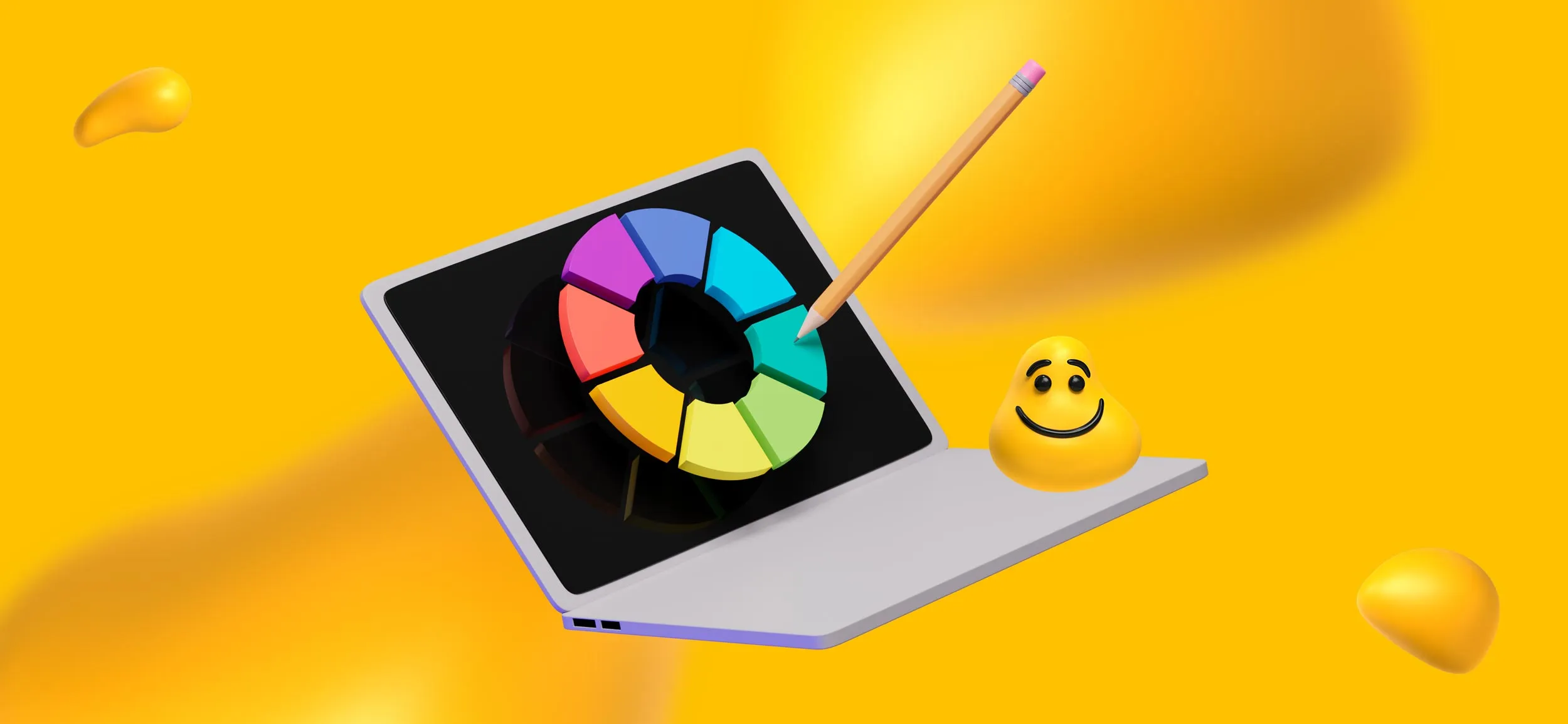 A laptop with a color wheel on its screen, with a happy Designity blog. What is Design as a Service?