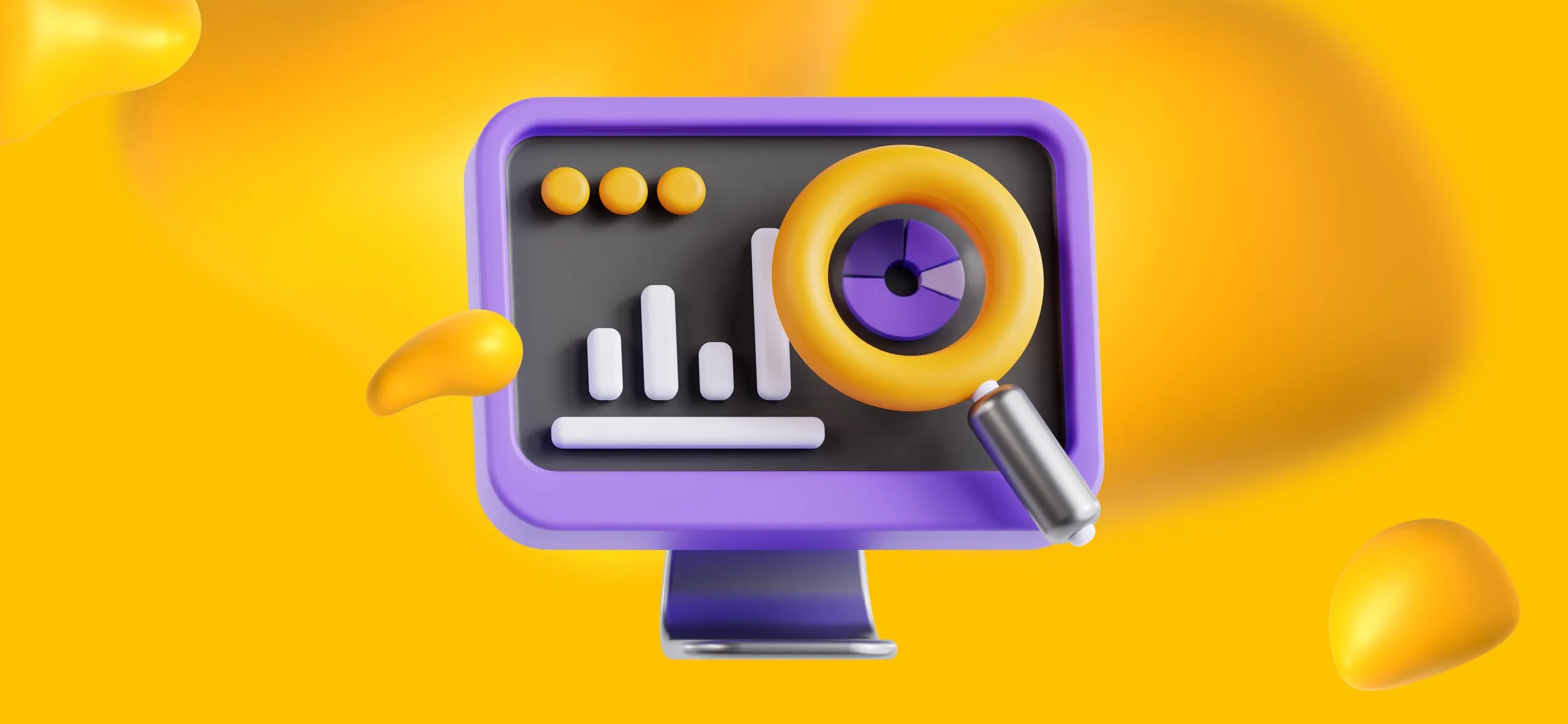 A computer screen with graphs, a pie chart, and a magnifying glass, for monitoring and optimizing your Meta Ads campaign.