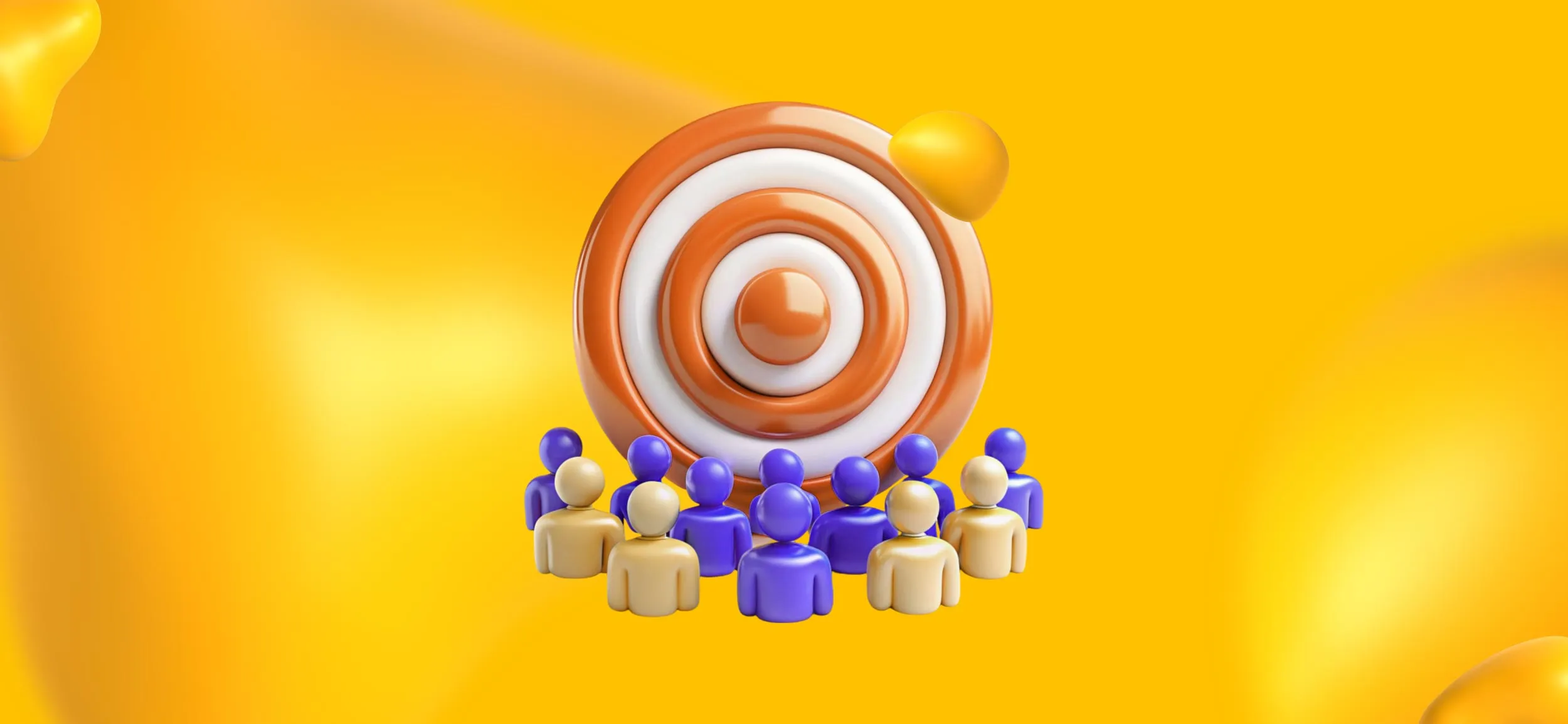 Several yellow and blue avatars standing in front of a dartboard, for target the right audience in your Meta Ads campaign.
