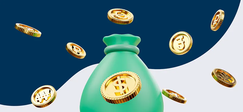 A money bag with floating gold coins, for Pricing.