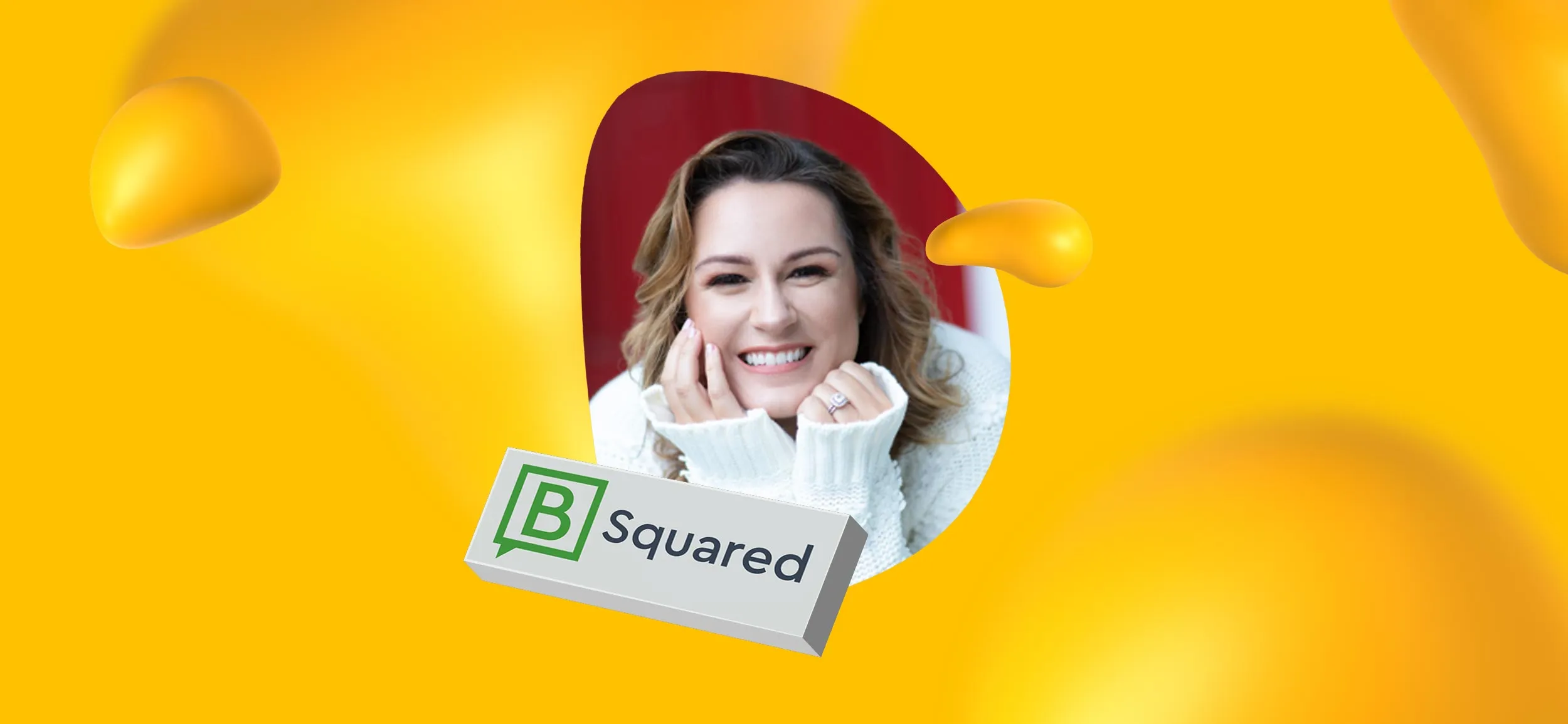 Headshot of Brooke Sellas, a social media marketing expert, alongside the logo of her company, B Squared Media.