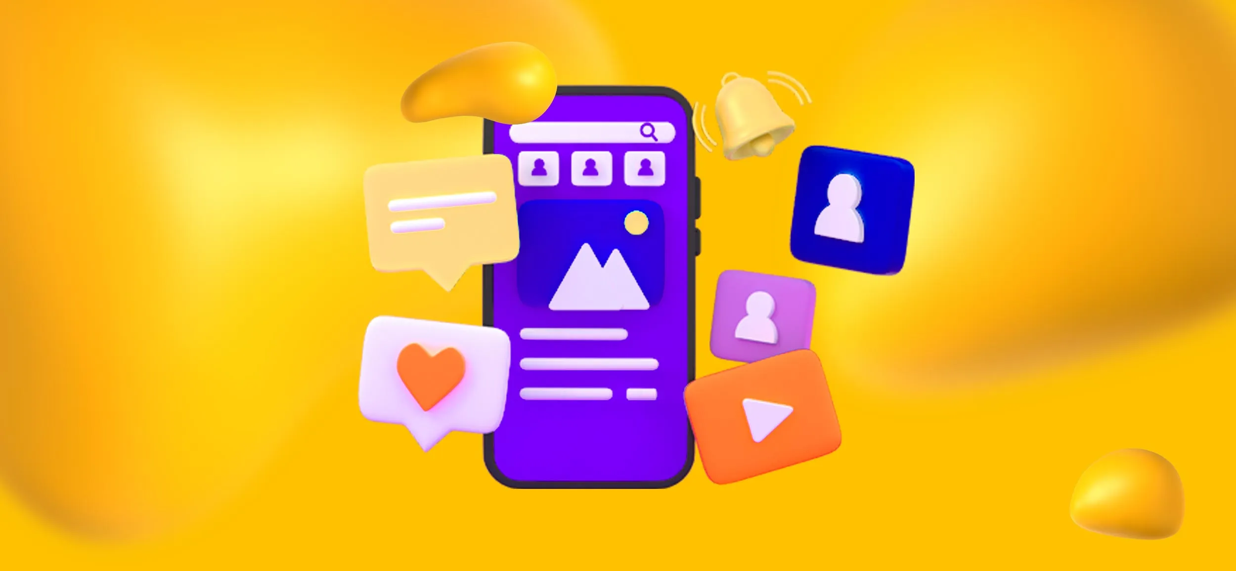 A smartphone with social media elements, like profile avatars, a play button, and messages.