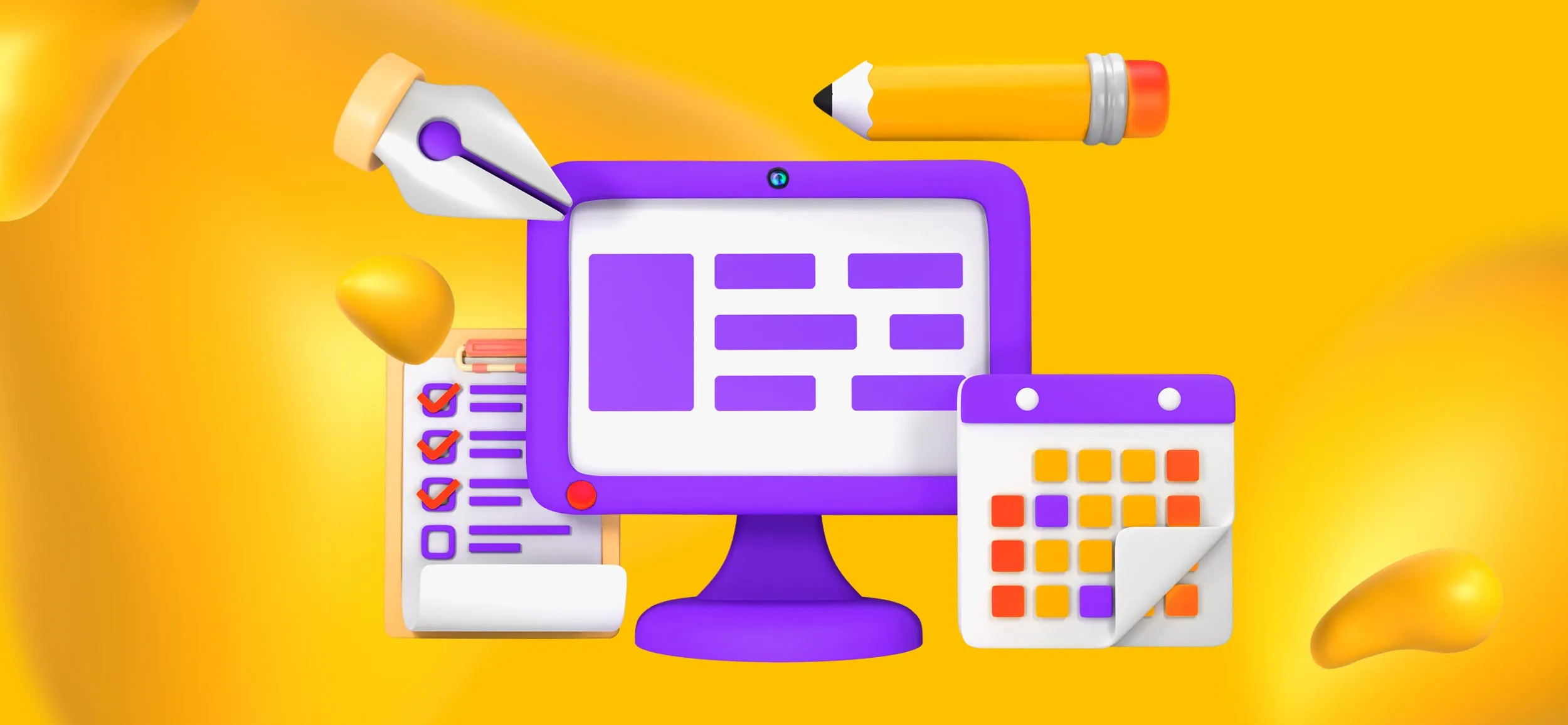 Elements of creative services offered by Designity, including a computer screen, a calendar, a graphic design pen, and a checklist full of checked off projects.