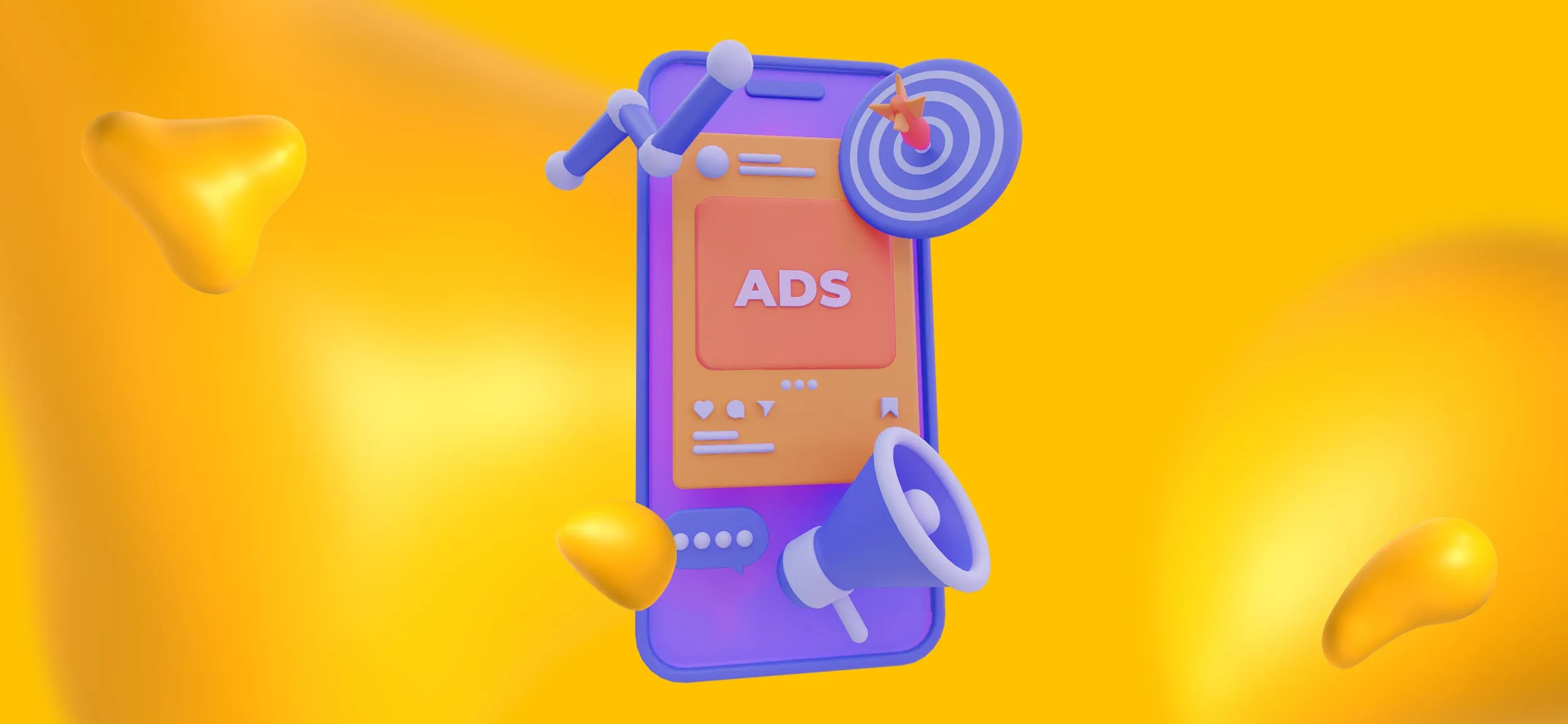 A smartphone with elements of social media ads, like a chat bubble, a bullseye, and a megaphone.