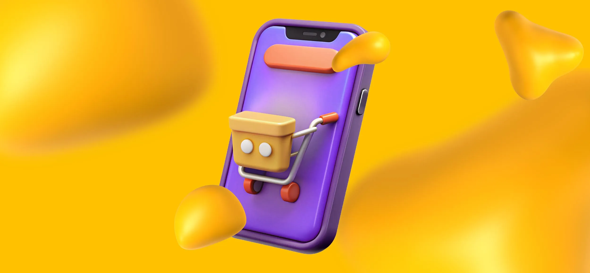A smartphone's screen, with a shopping cart popping out of it, for Webflow eCommerce.
