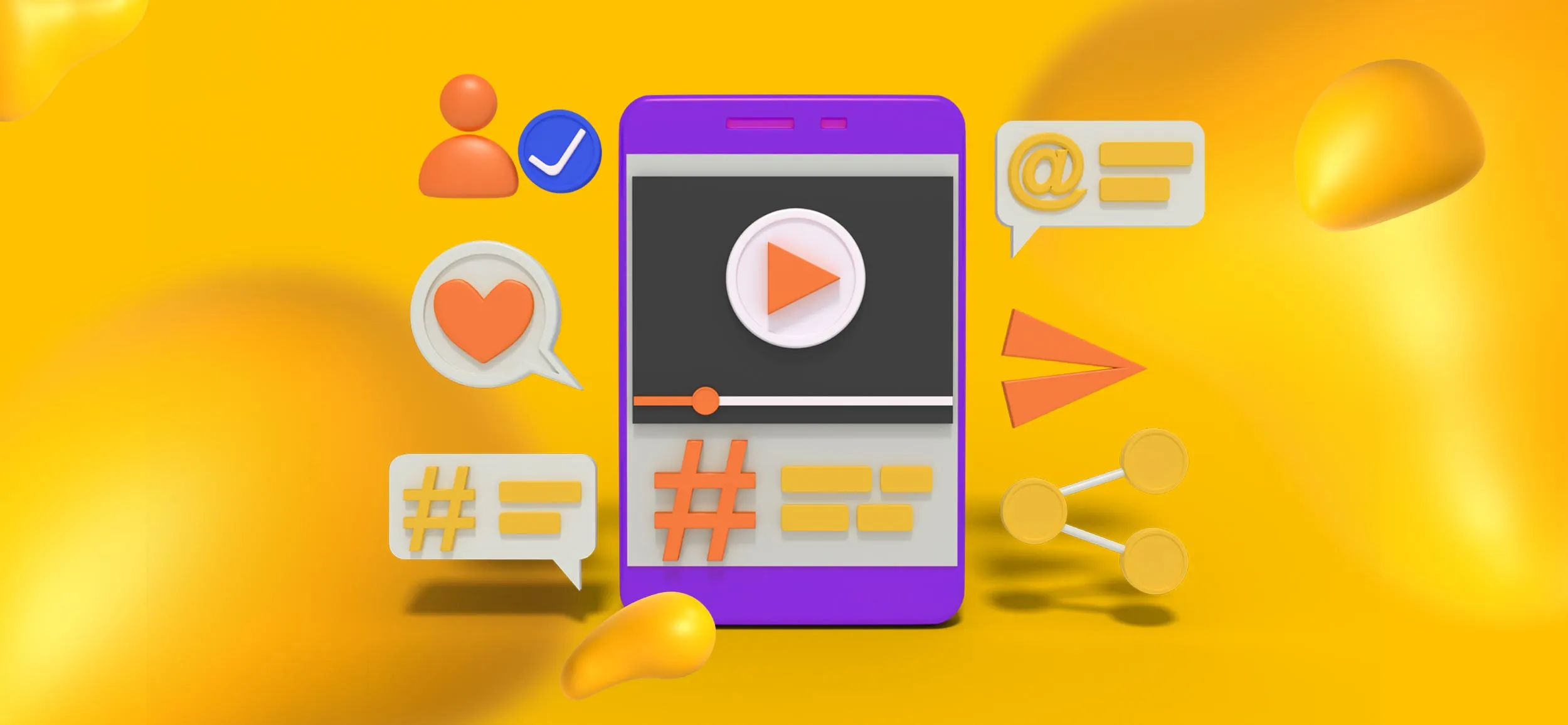 Elements of social media content, including a smartphone with a video playing, hashtags, arrows, and like icons.