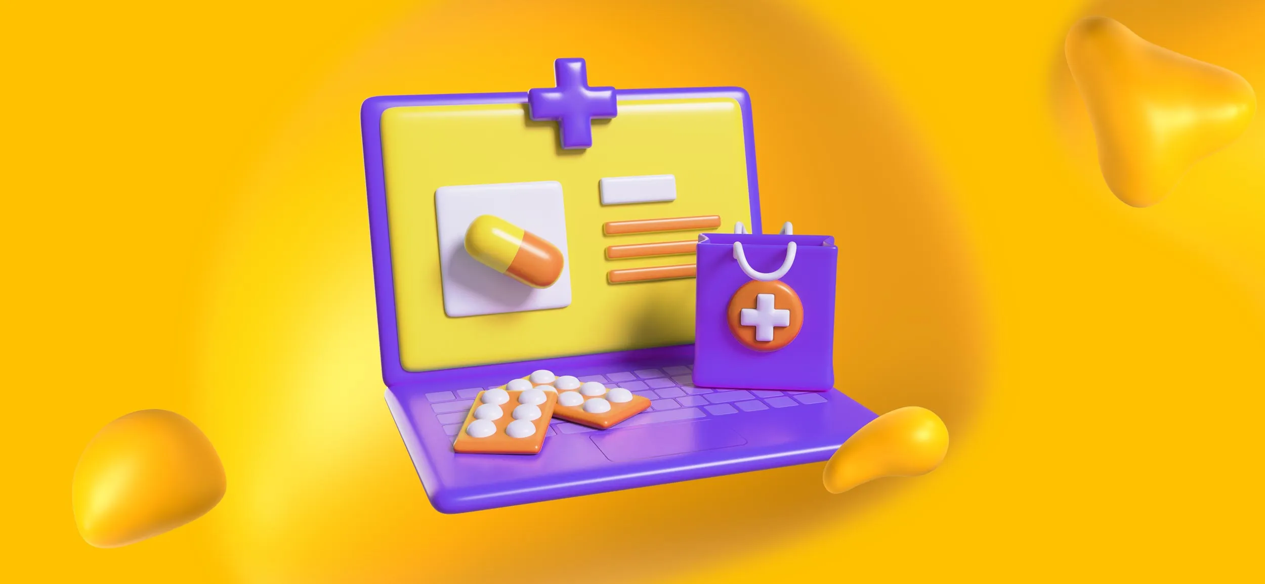 A laptop with elements of healthcare on it, like medicine, a first aid kit, and a prescription.