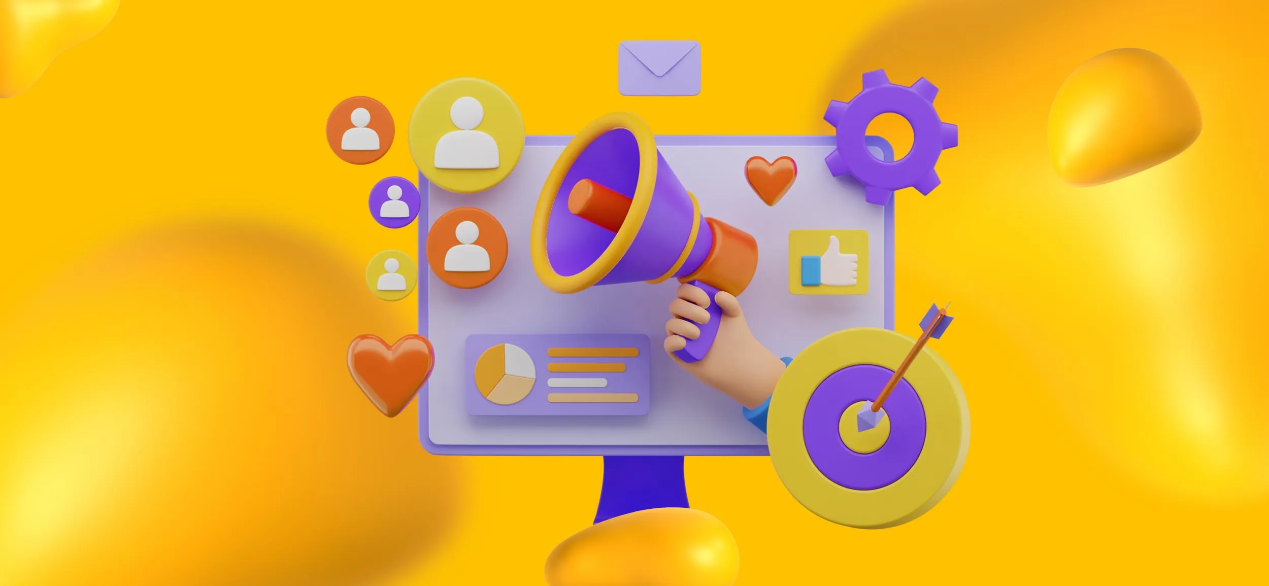 A computer screen showing a variety of marketing elements, like a megaphone, email, social media profiles, graphs, and a bullseye.