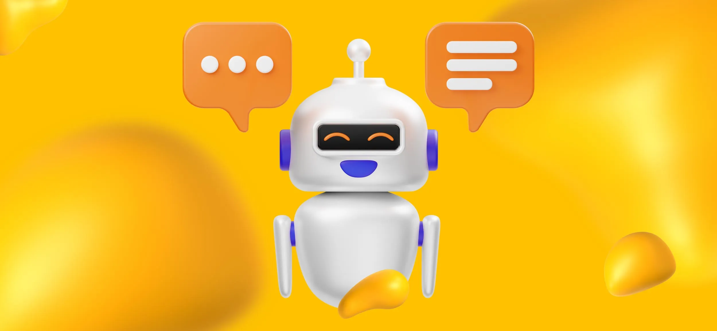 A cute little robot with two message boxes on either side of him, for AI chatots.