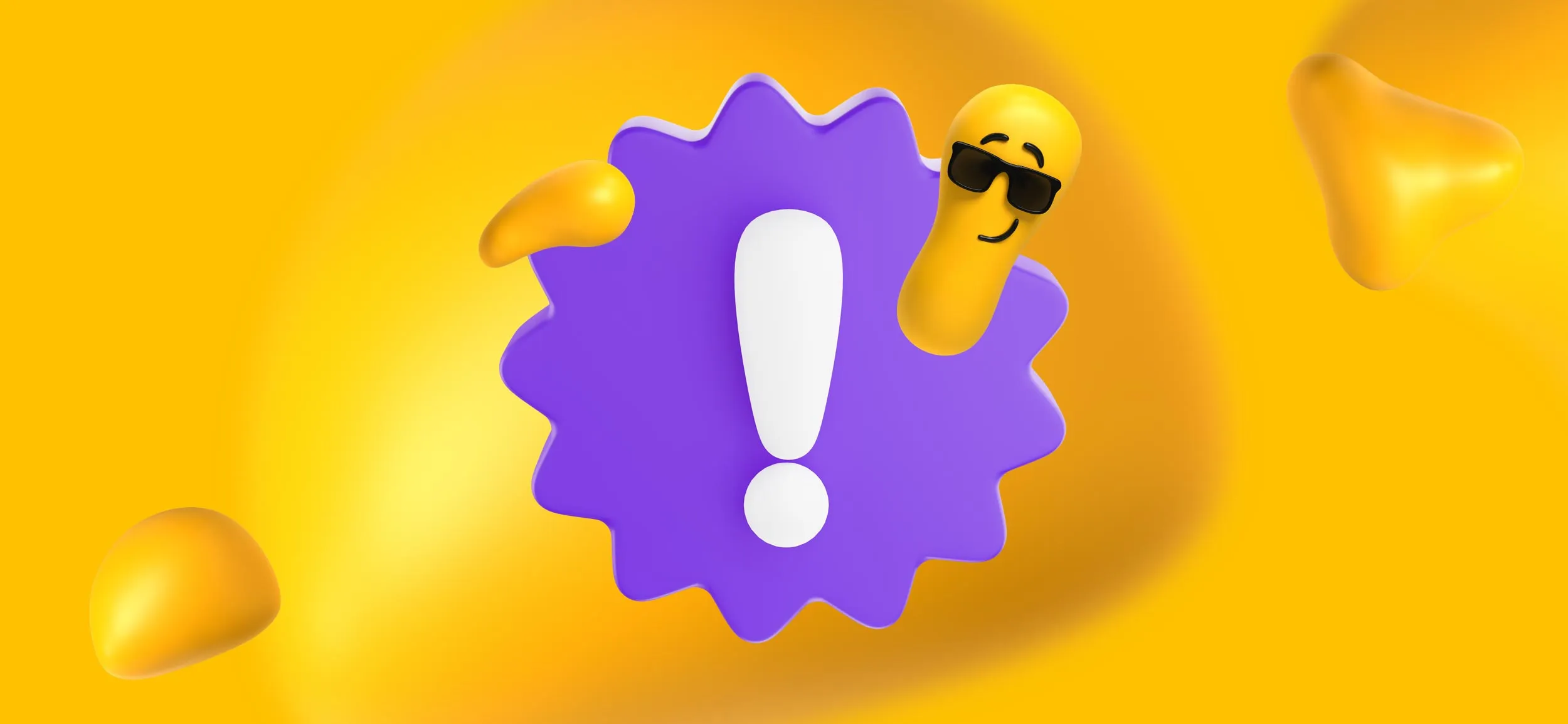 A big purple exclamation point with a friendly Designity blob in front of it. He's wondering why you're not getting a creative designer on your team right away!
