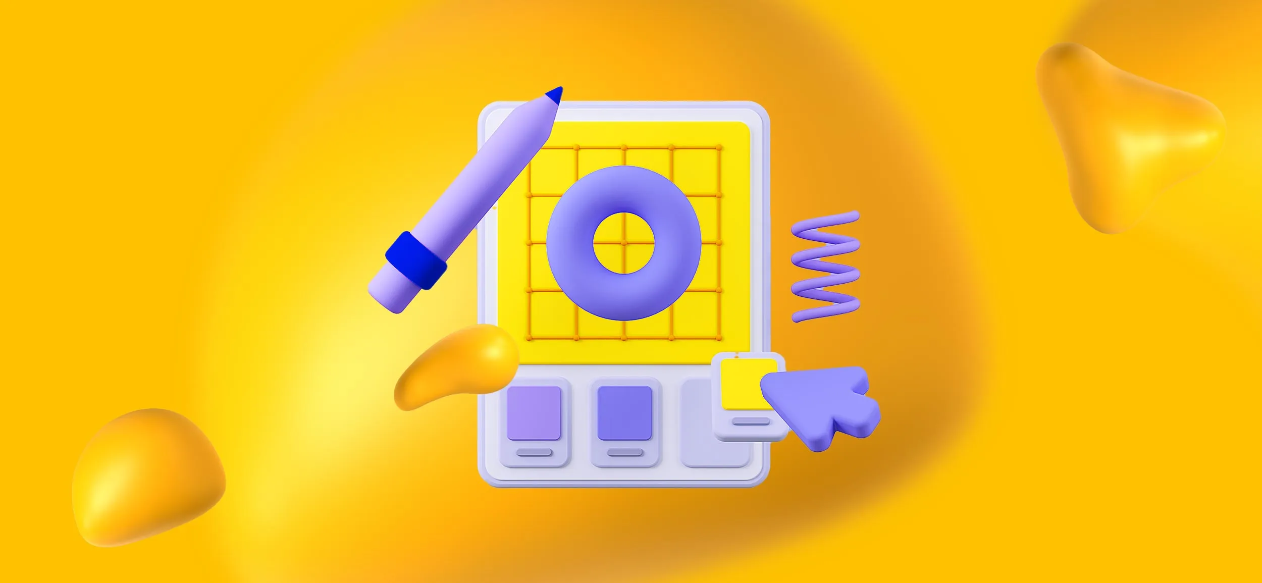 Graphic design software on a drawing tablet, including a stylus, a grid, and an arrow.