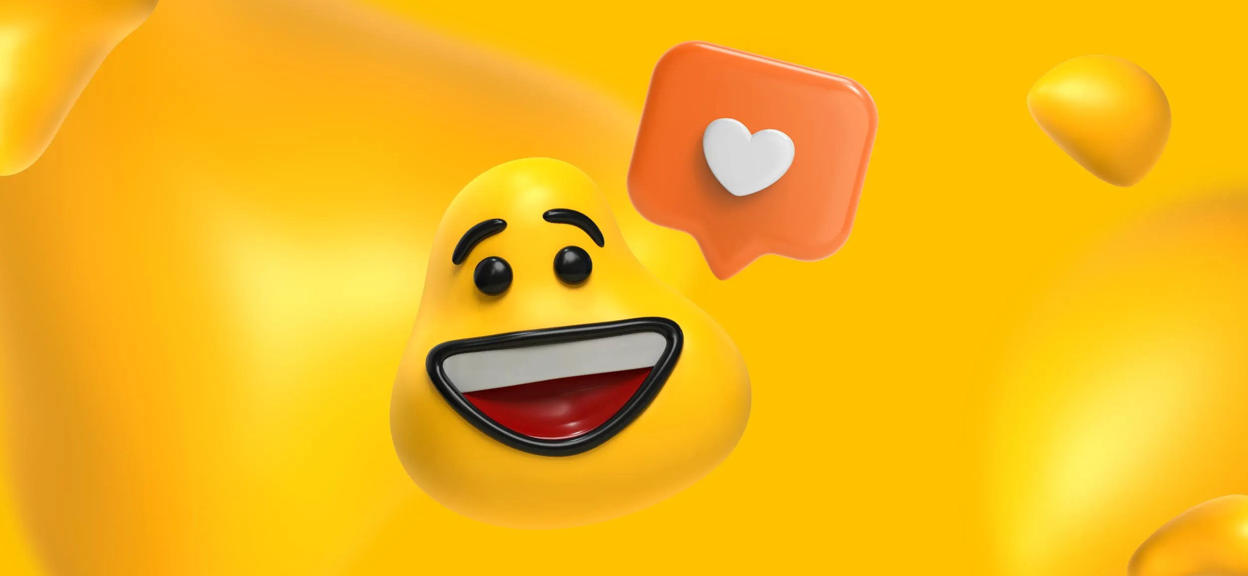 A happy Designity blob. Above him is a caption with a heart in it, for promoting positive and inclusive content.