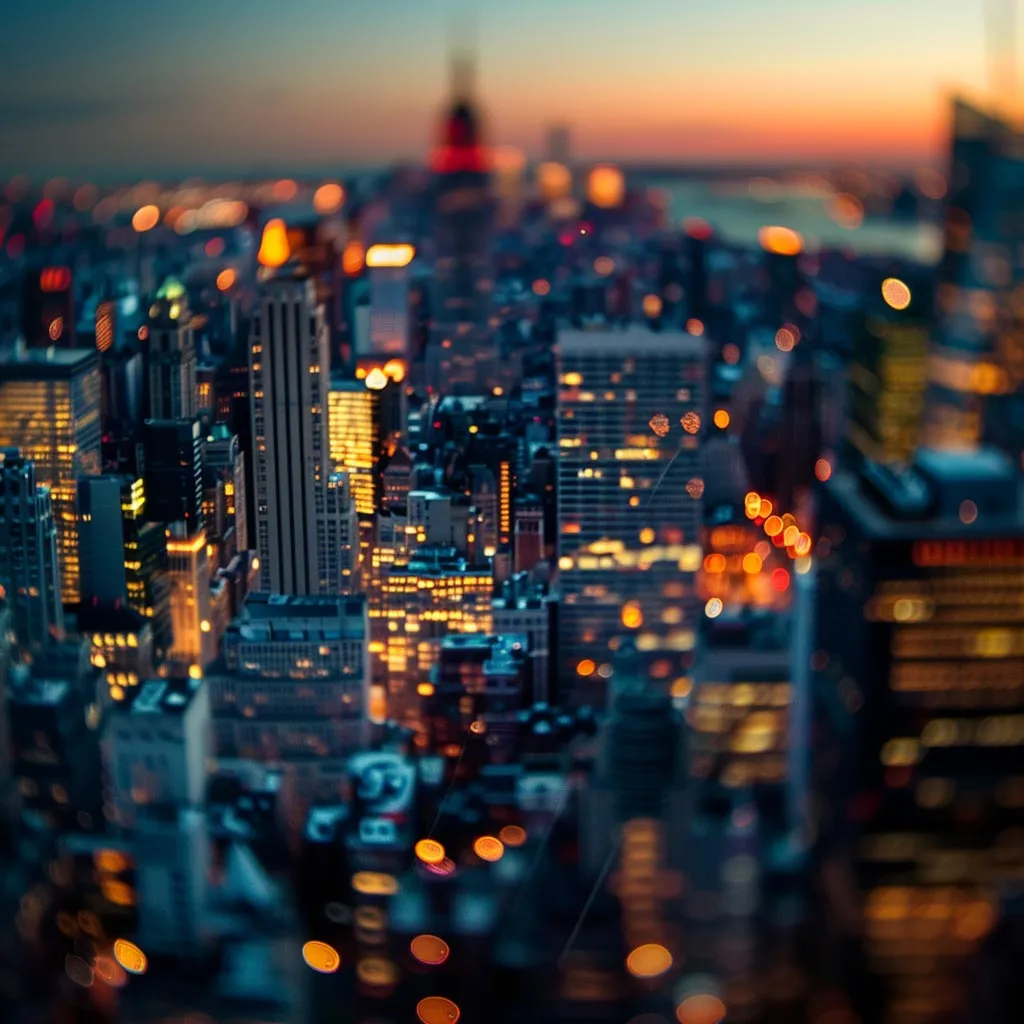 A Midjourney image created by using the prompt, "a cinematic lighting scene of a city skyline at sunset, with bokeh effect on the lights in the background, captured from a high-angle shot, using an ultra-wide lens."