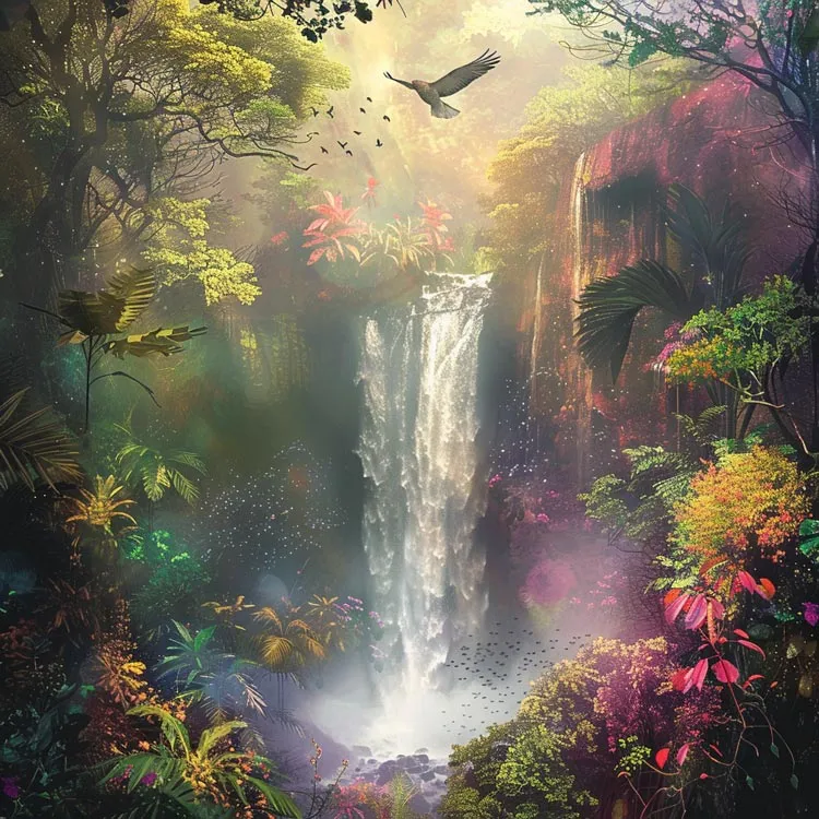 A Midjourney image created by using the prompt, "A hawk flying through the mist above a beautiful, ethereal-looking waterfall surrounded by lush vegetation in a variety of vibrant colors."