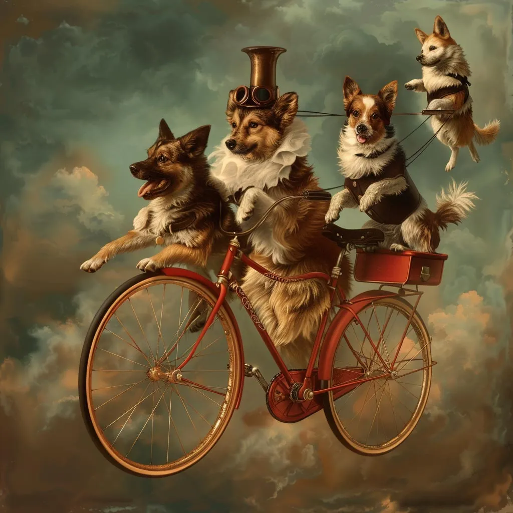 A Midjourney image created by using the prompt "4 dogs riding red old-timey Victorian-style bicycles."